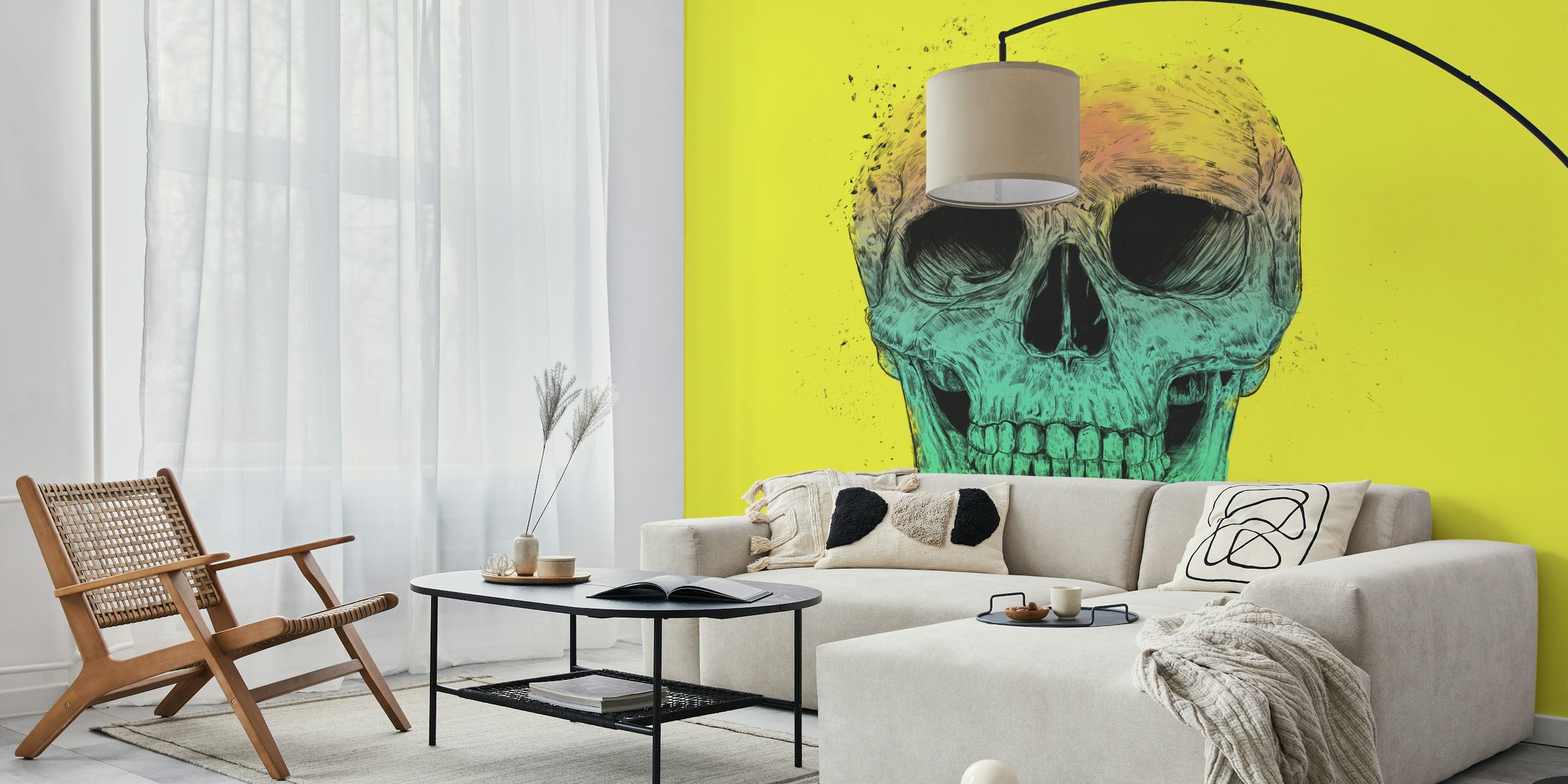 Colorful pop art skull illustration on bright yellow background wallpaper
