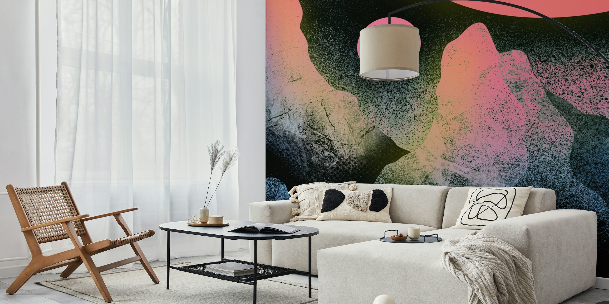 Abstract wall mural with two pink celestial bodies against a dark, textured backdrop