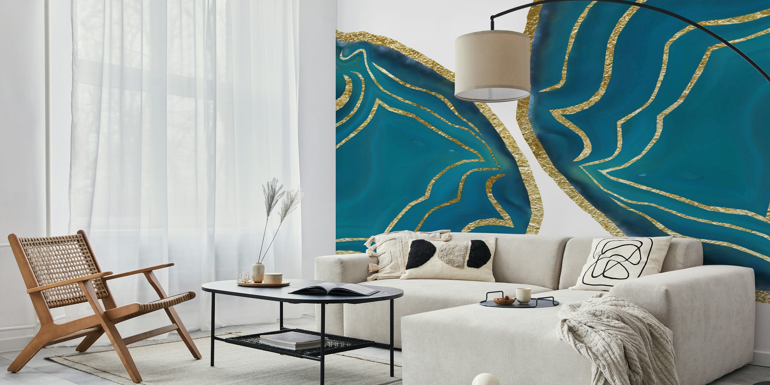 Teal blue agate wallpaper with gold accents