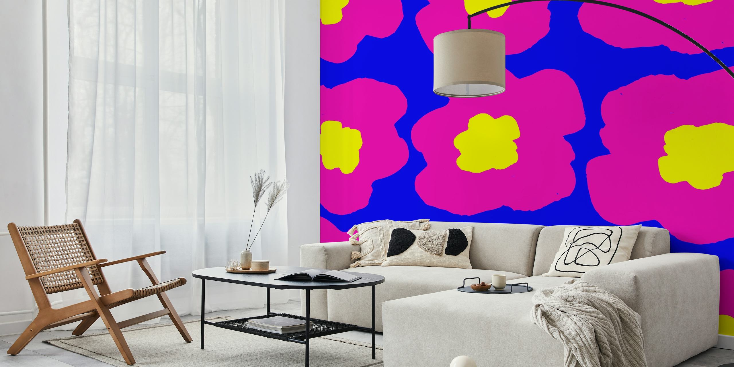 Retro pink floral pattern on blue background wall mural