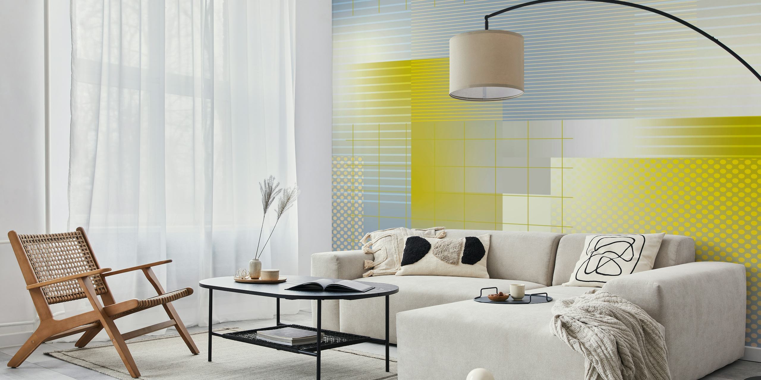 A modern geometric wall mural with gold and silver gradients