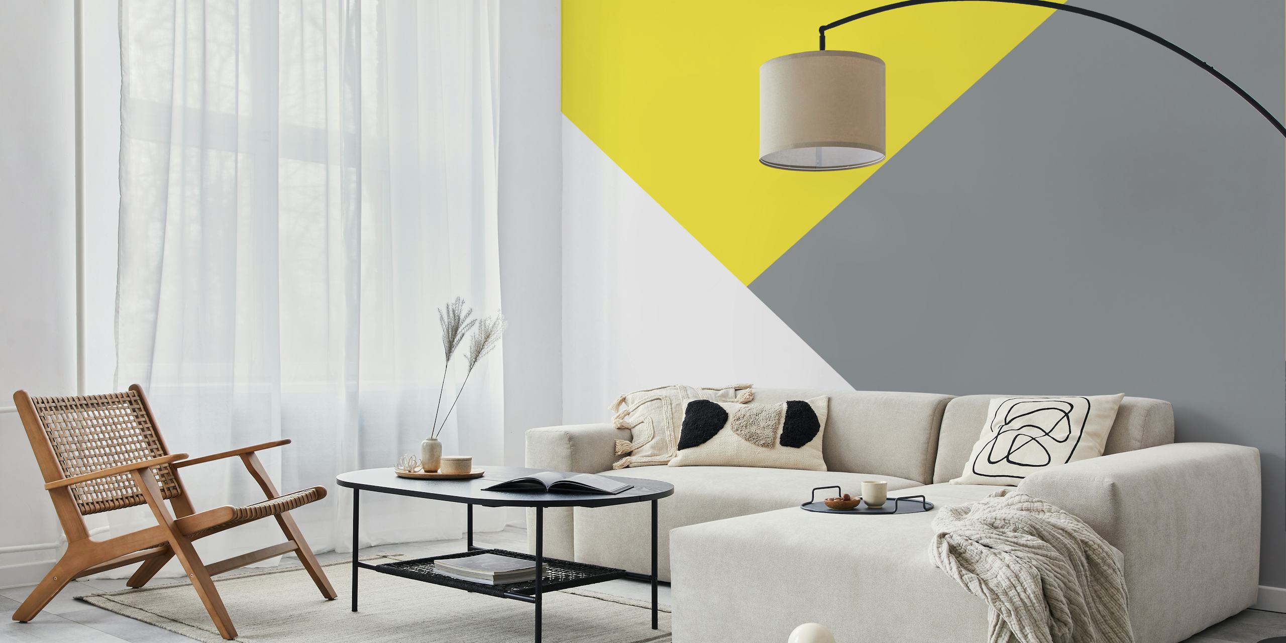 Illuminating Grey White Geo-vægmaleri med blødt gråt, rent hvidt og lysende gult geometrisk design.