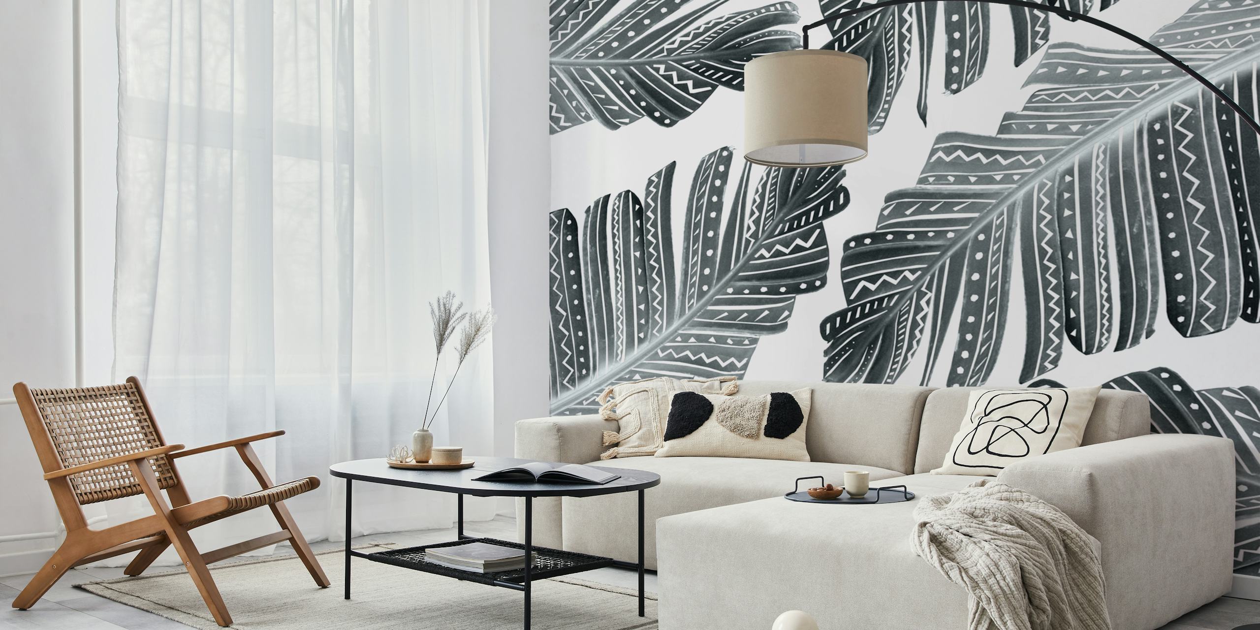 Black and white Boho Banana Leaves wallpaper in a room