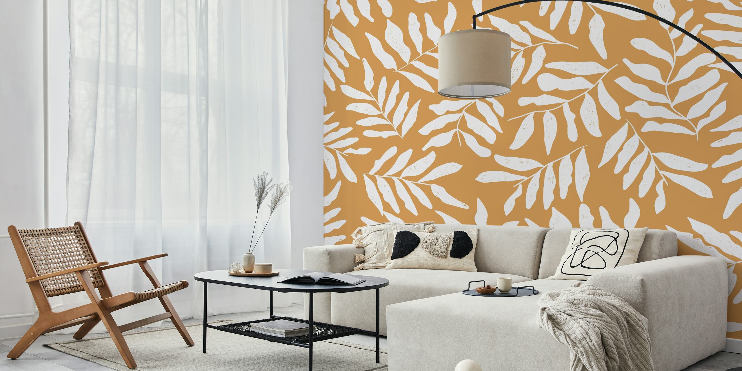 White leaf pattern on warm brown background wallpaper