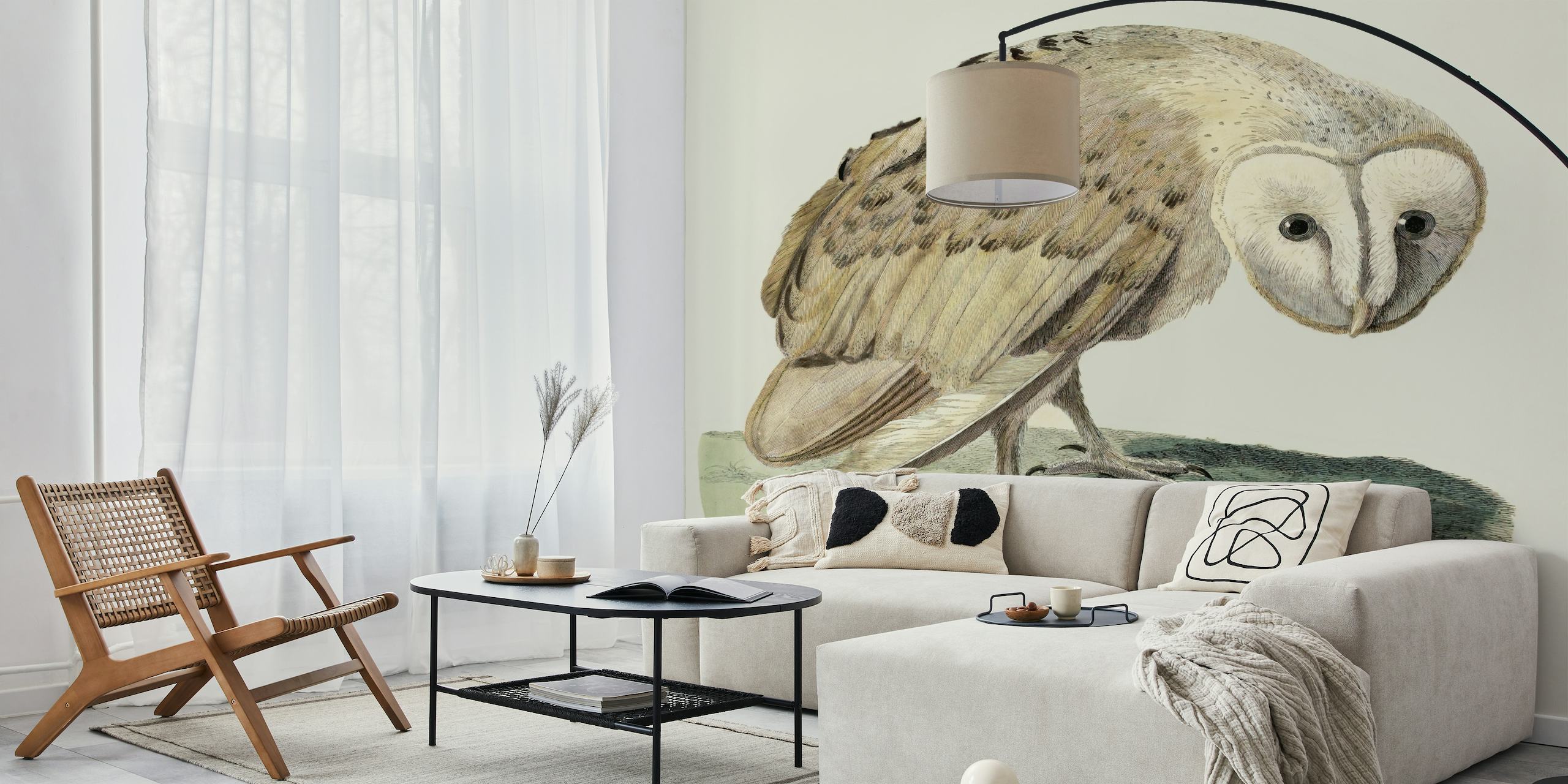 Muurschildering van witte uilen met een serene uitdrukking op een achtergrond in vintage-stijl.