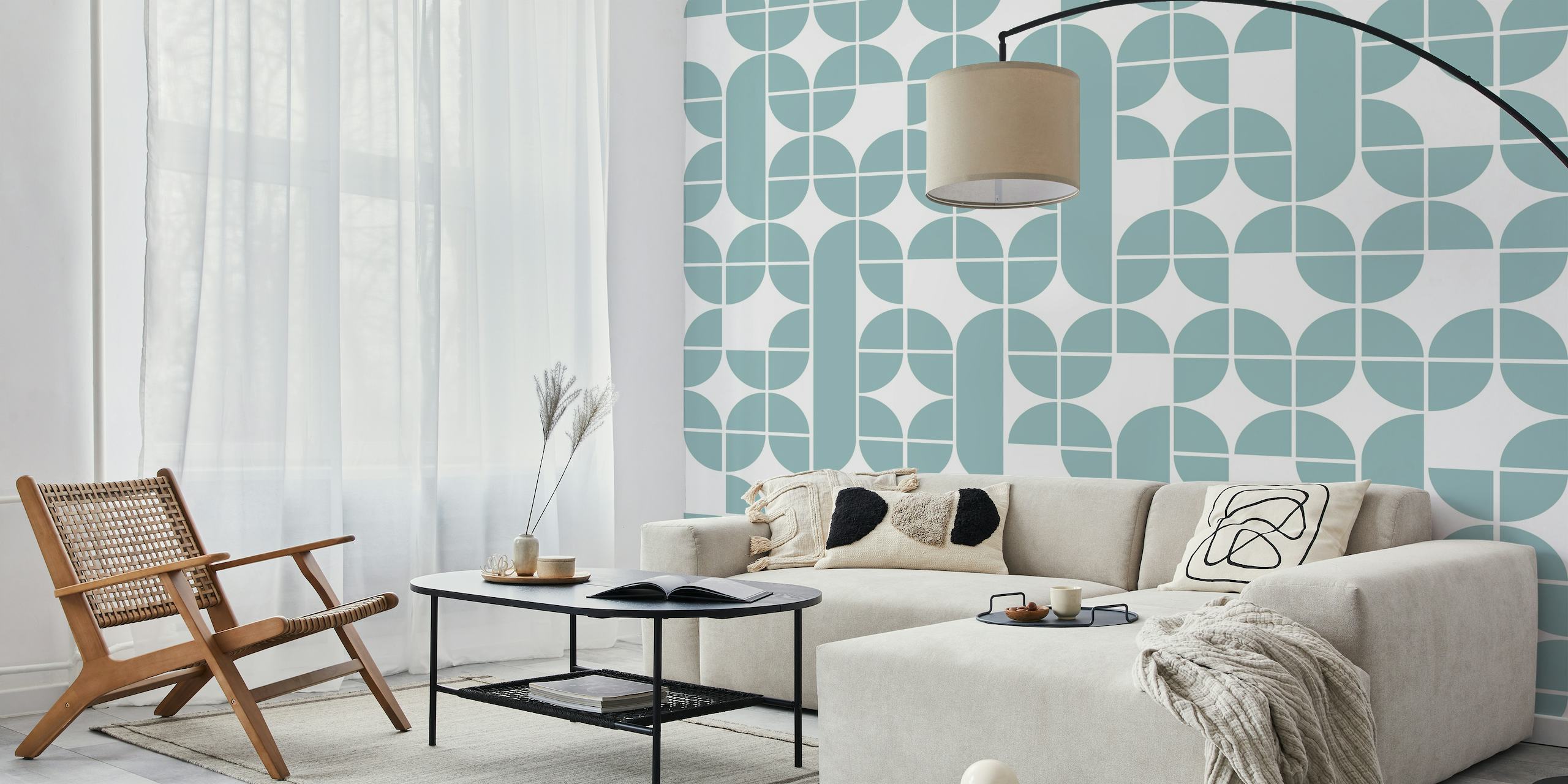 A decorated wall showcasing the stylish Mid Century Blue Pattern Wallpaper