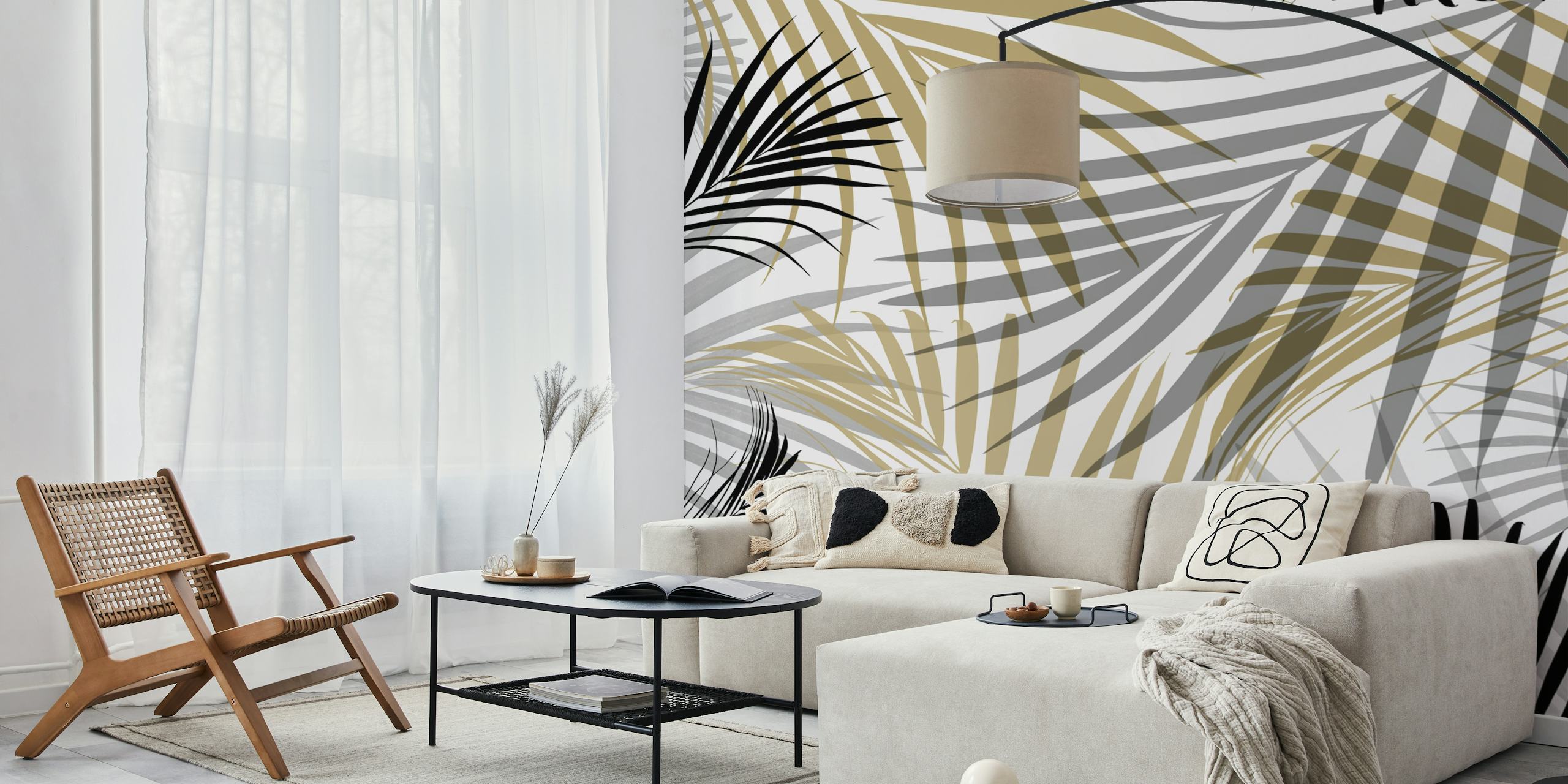 Design de papel de parede Gold e gray palm leaves