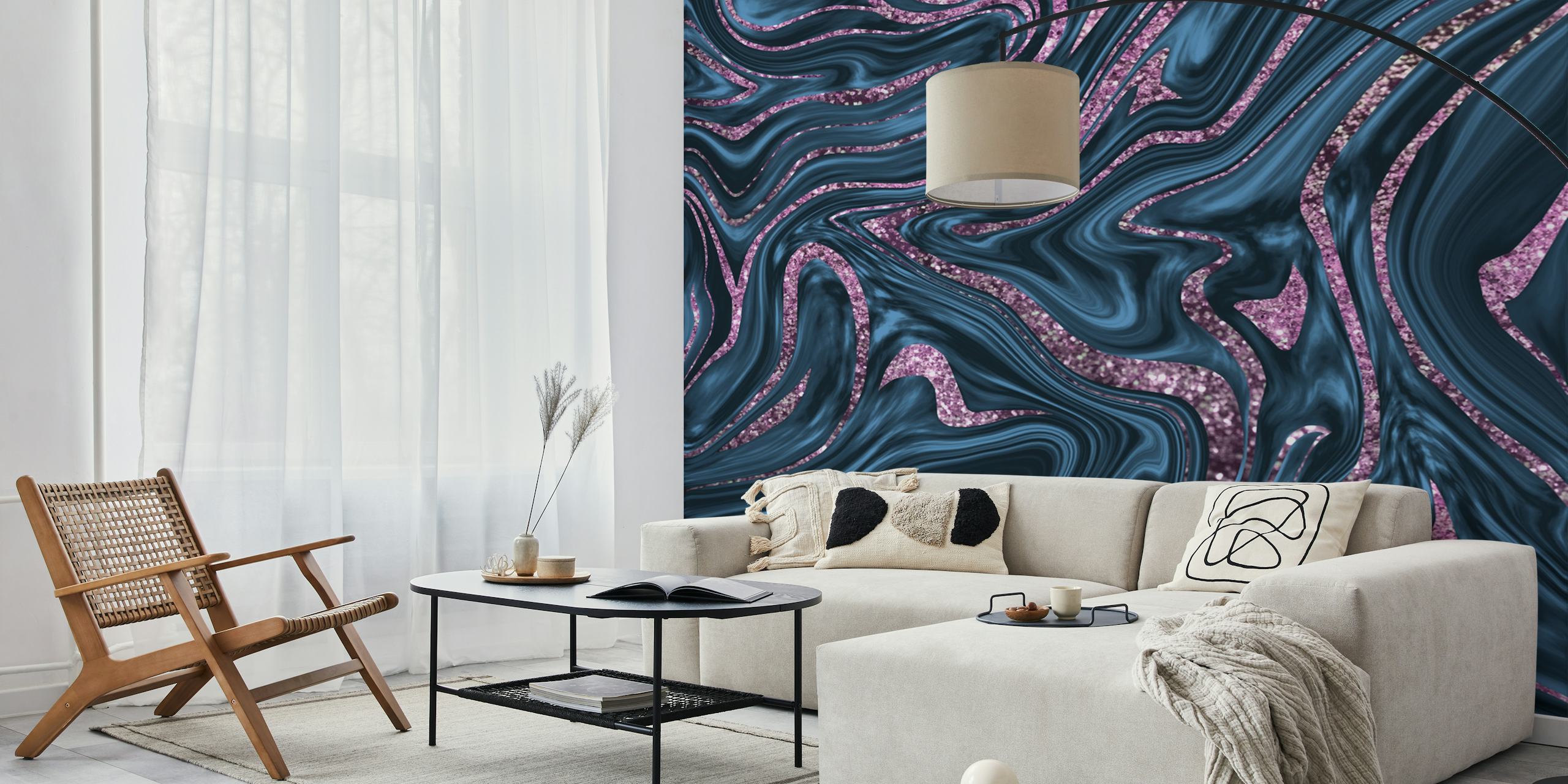 Blaues und rosa Marmormuster mit Glitzerakzenten für Wandgemälde