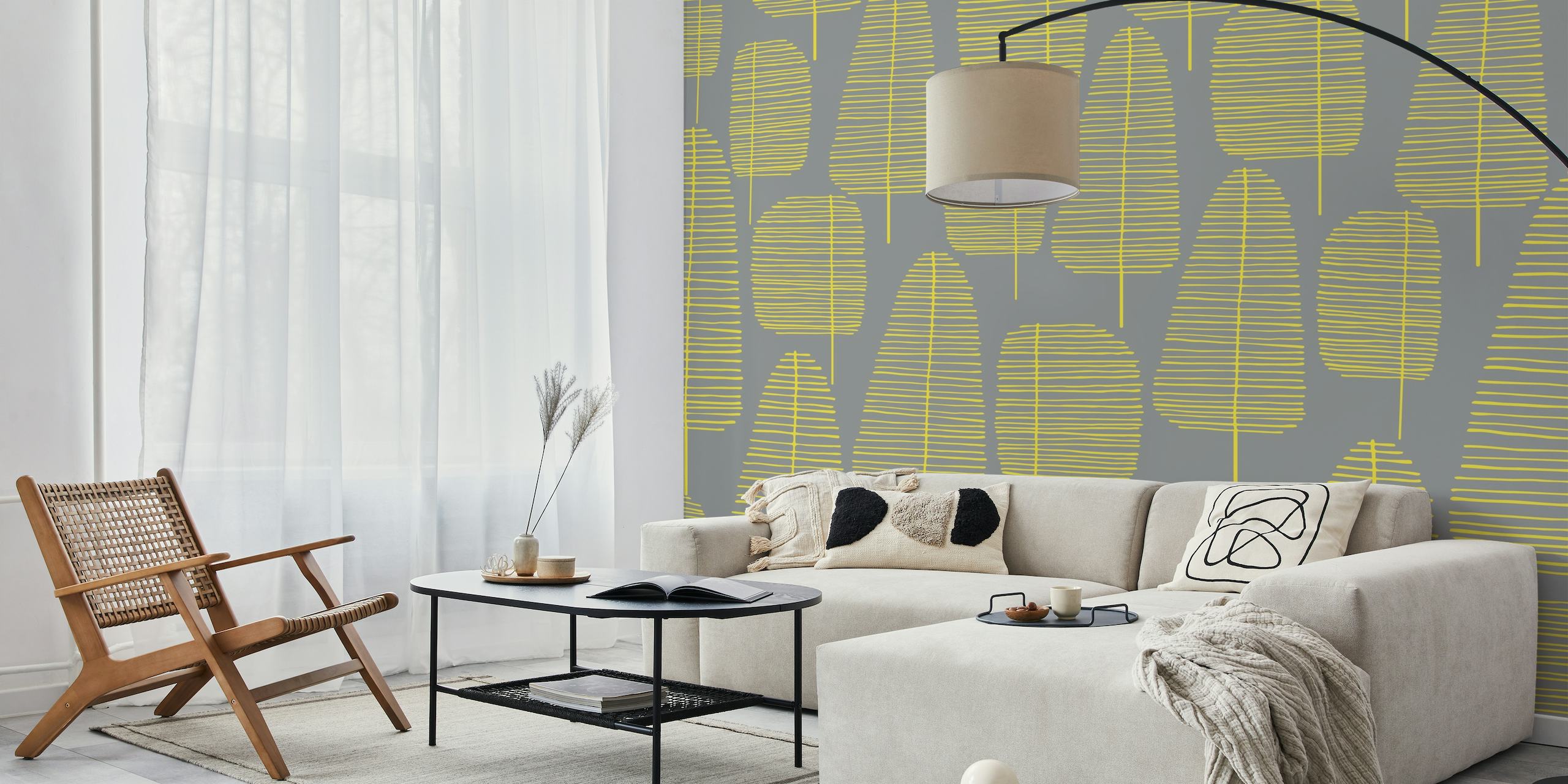 Mid-century modern style forest wall mural with stylized trees and geometric patterns