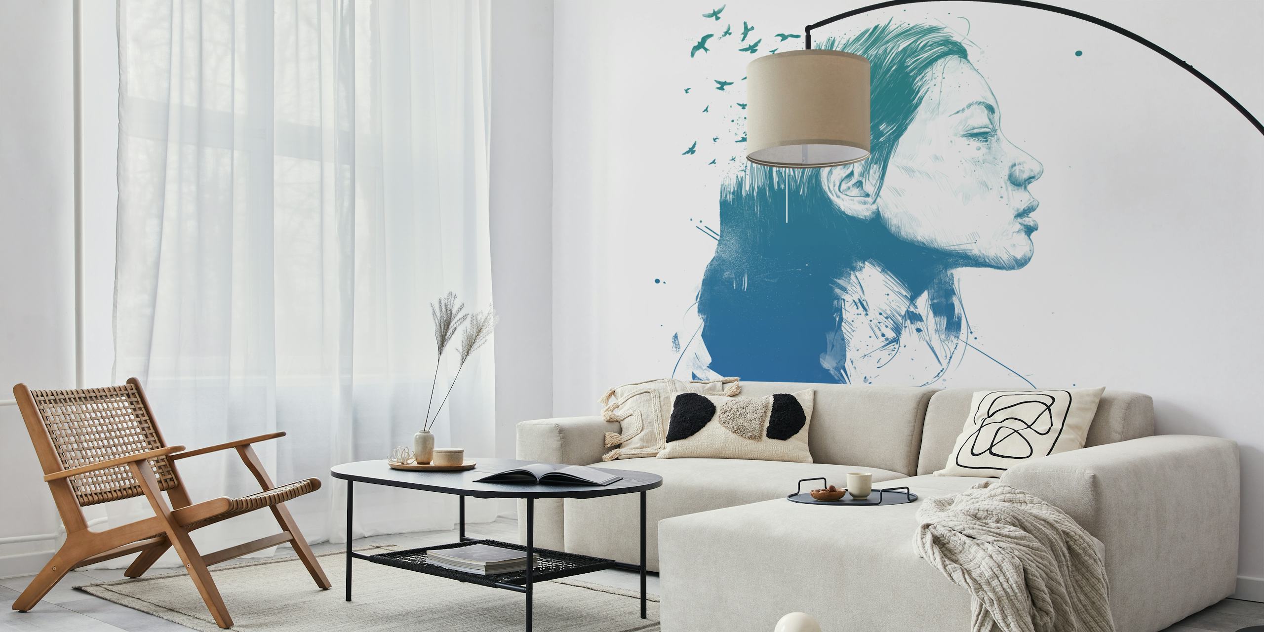 Contemporary art style wall mural depicting a profile with birds in flight, symbolizing open-mindedness and freedom.