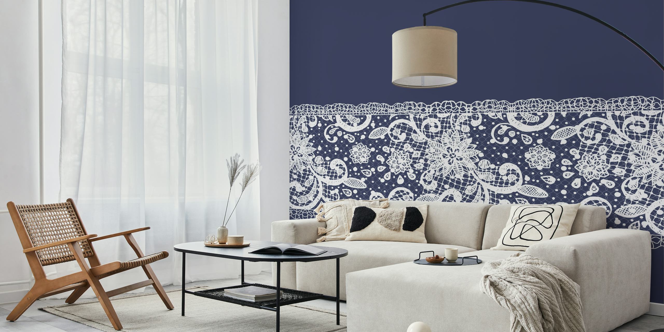 Indigo Blue White Lace Pattern behang