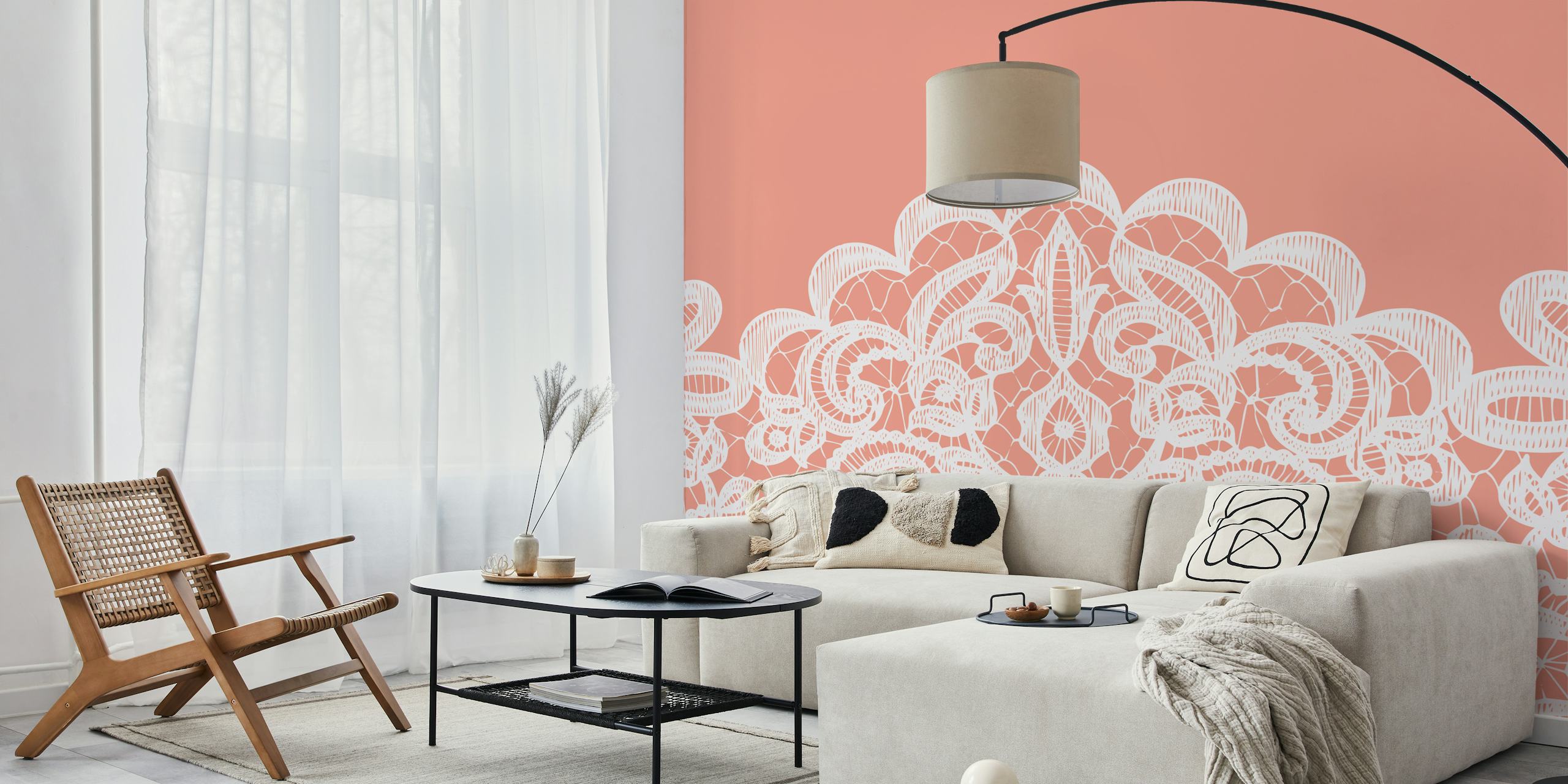 Ταπετσαρία Coral Pink με λευκό μοτίβο δαντέλας