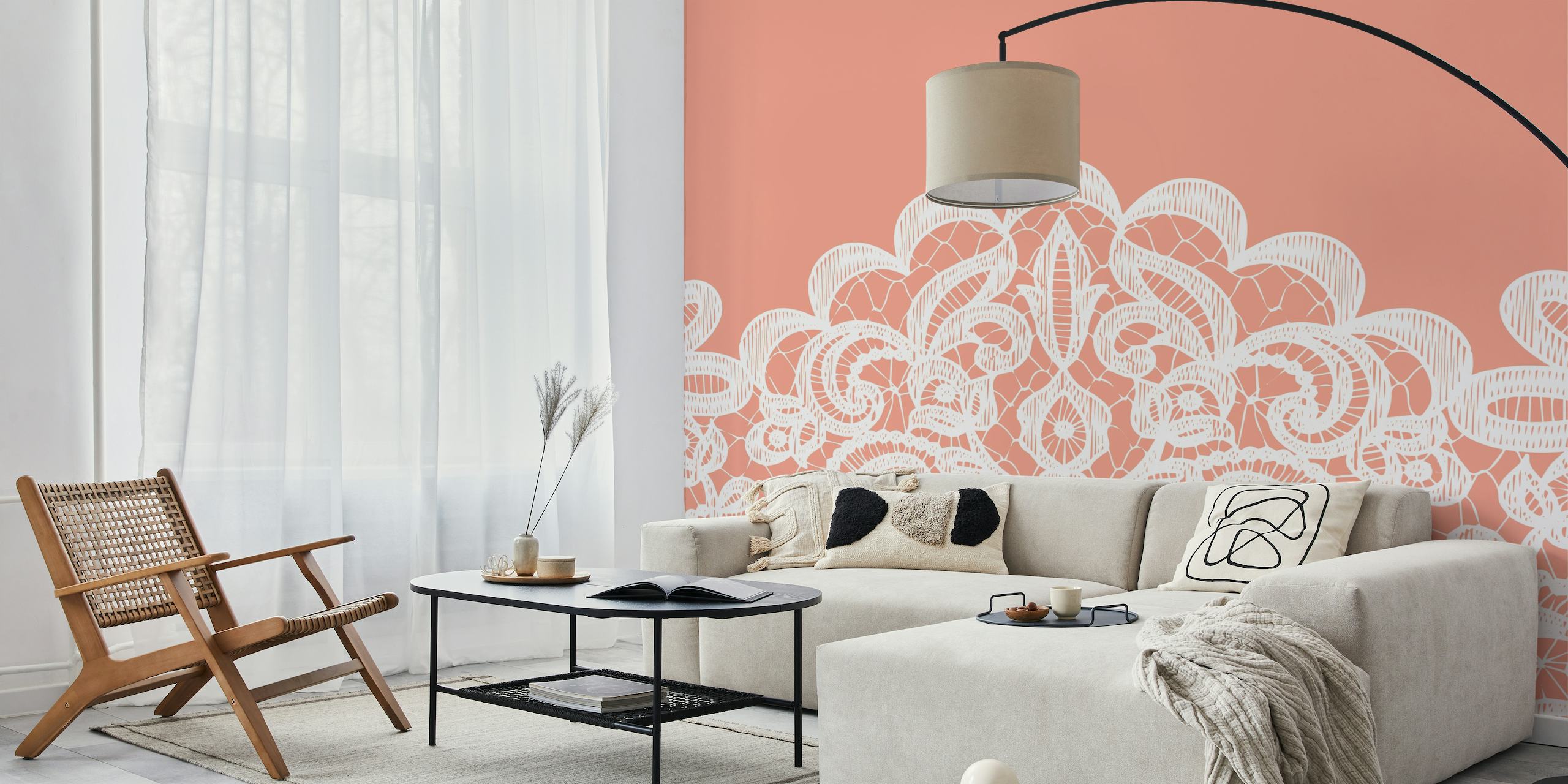 Coral Pink Classic White Lace wallpaper