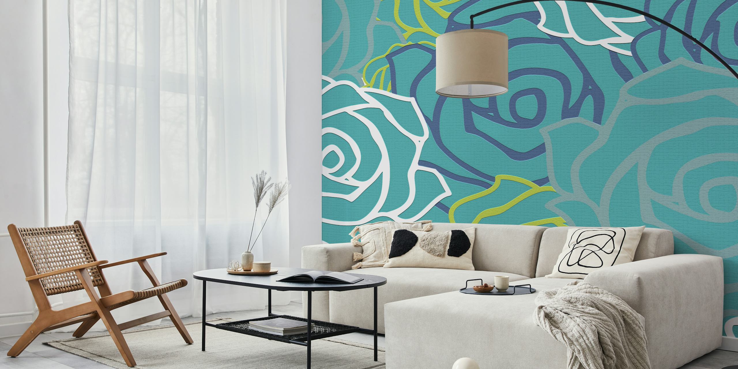 Teal roses with white outlines and green accents wallpaper