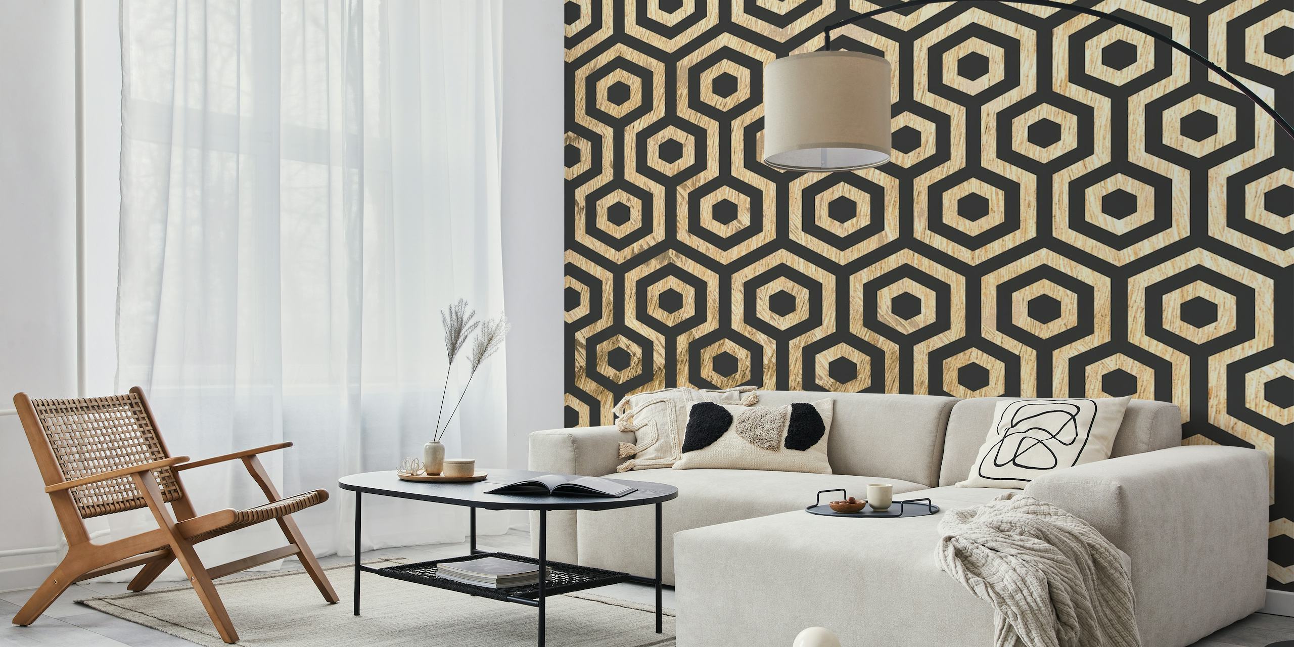 Wood Texture Hexagon Damask wall mural with geometric patterns in natural wooden hues