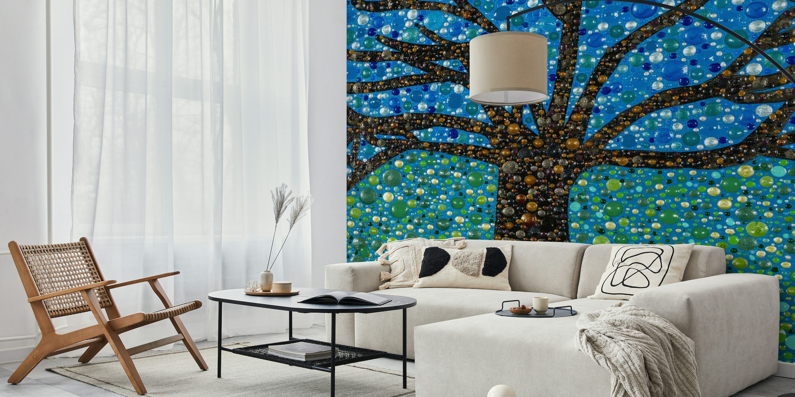 Artistic 'Path of Life' wall mural with a central tree motif and pebble designs