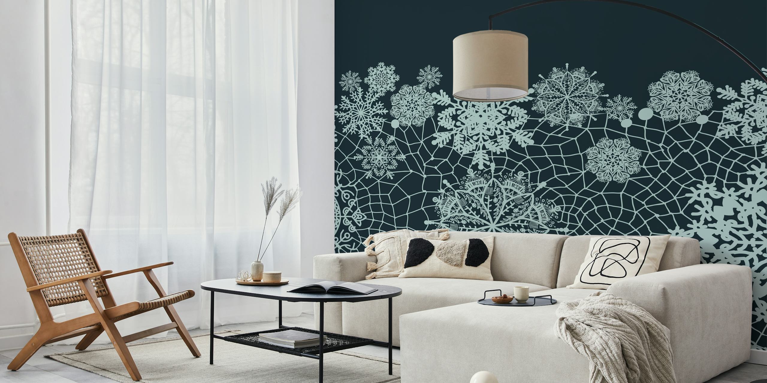 Blue and cream floral lace pattern wallpaper