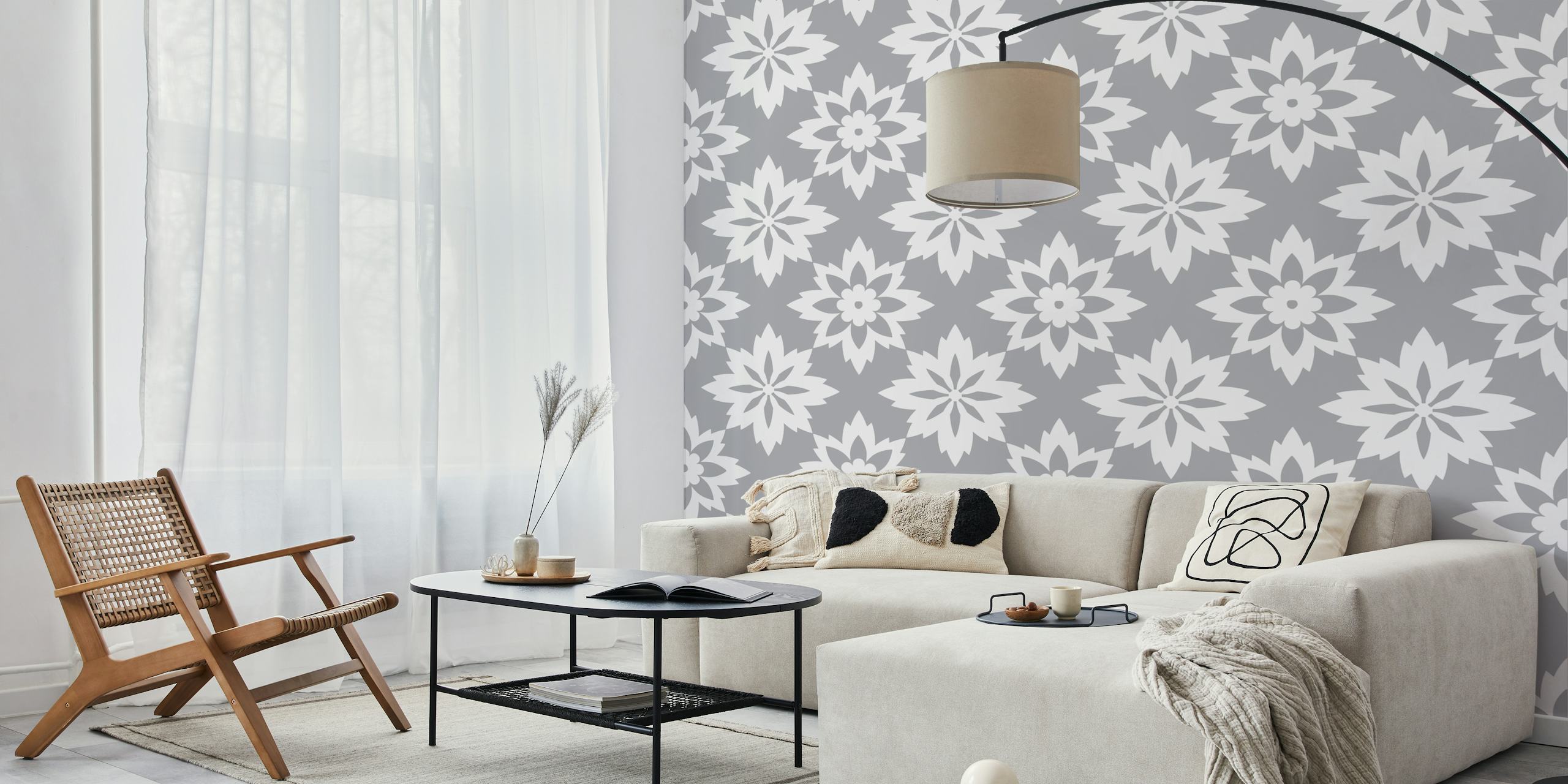 Stone grey flower pattern wallpaper in a room