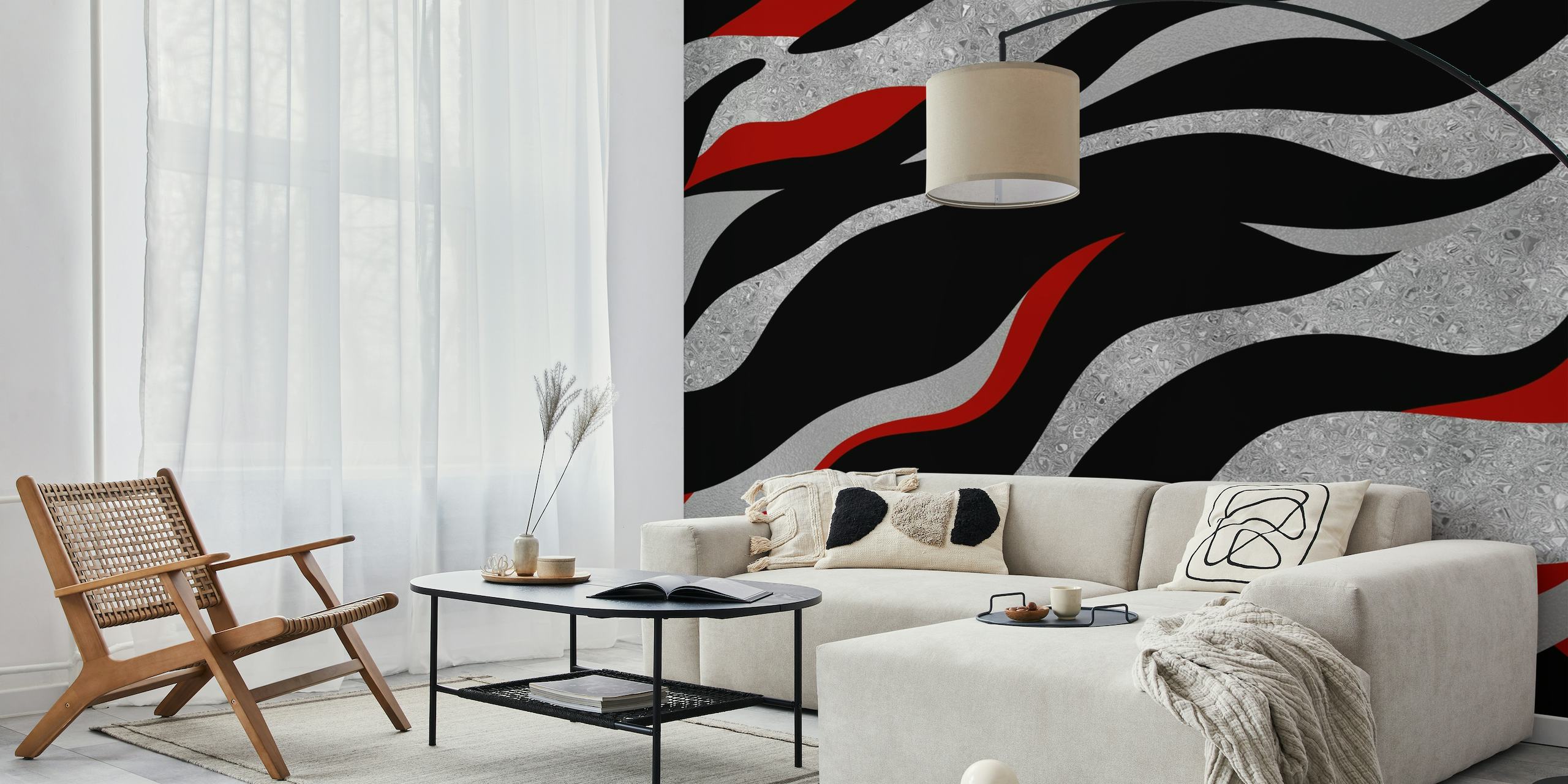 Abstrakti hopea-, hiili- ja punainen aaltokuvioinen seinämaalaus