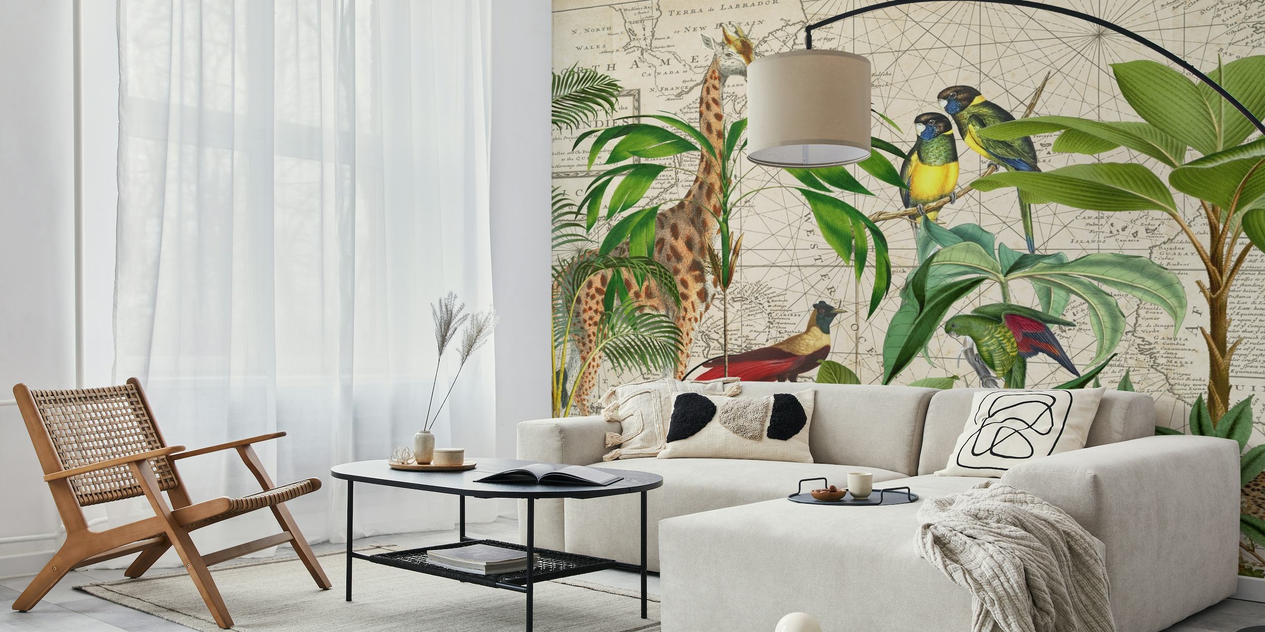 Illustrative wall mural featuring giraffe, exotic birds, and tropical plants on a map background