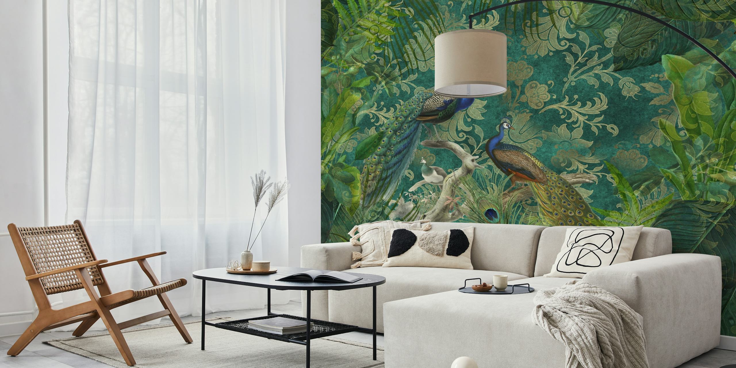 Papel de parede que retrata uma floresta tropical havaiana com magníficos Peacocks
