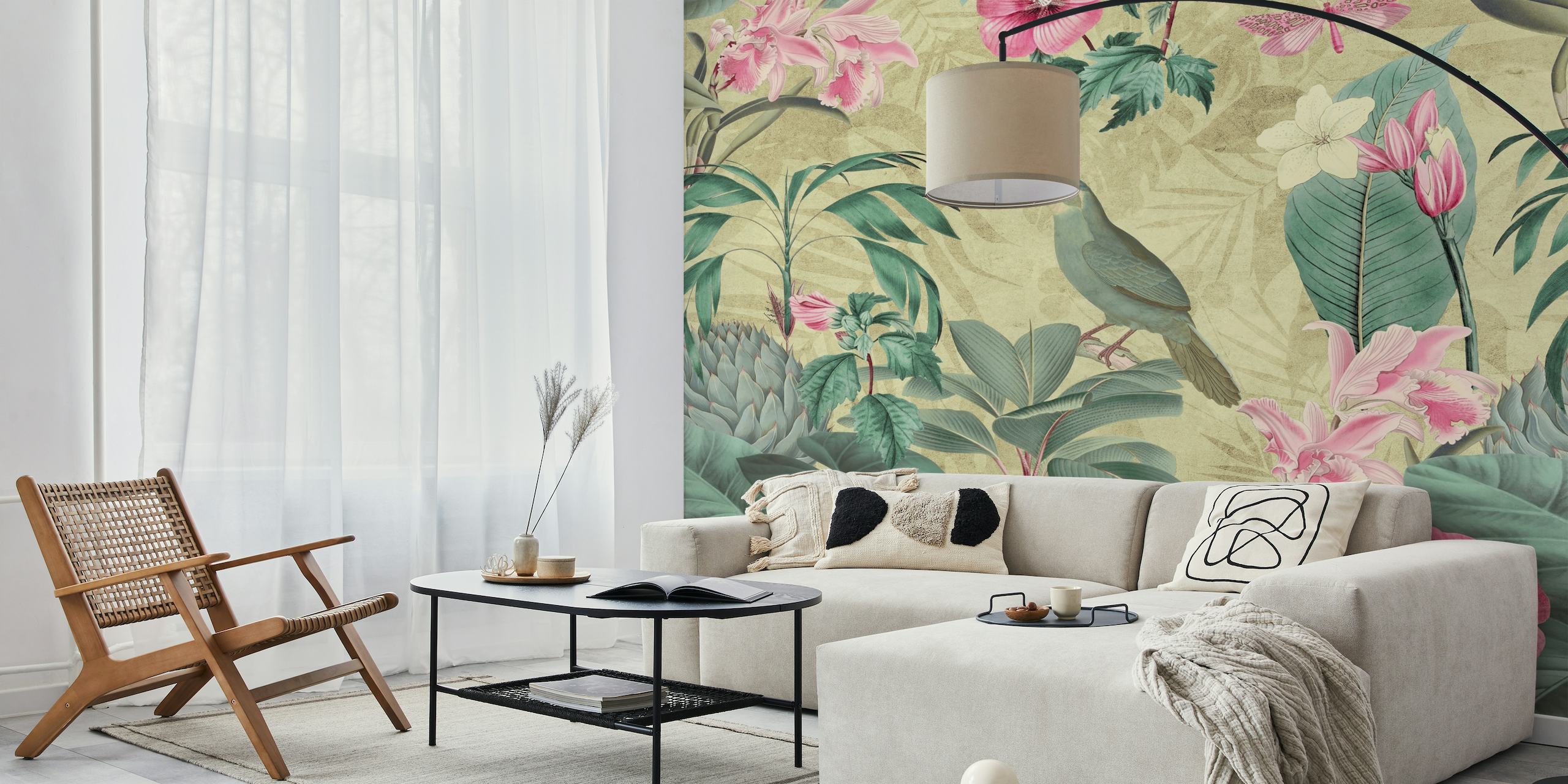Exotic jungle-themed wall mural with birds and pink flowers on Happywall.