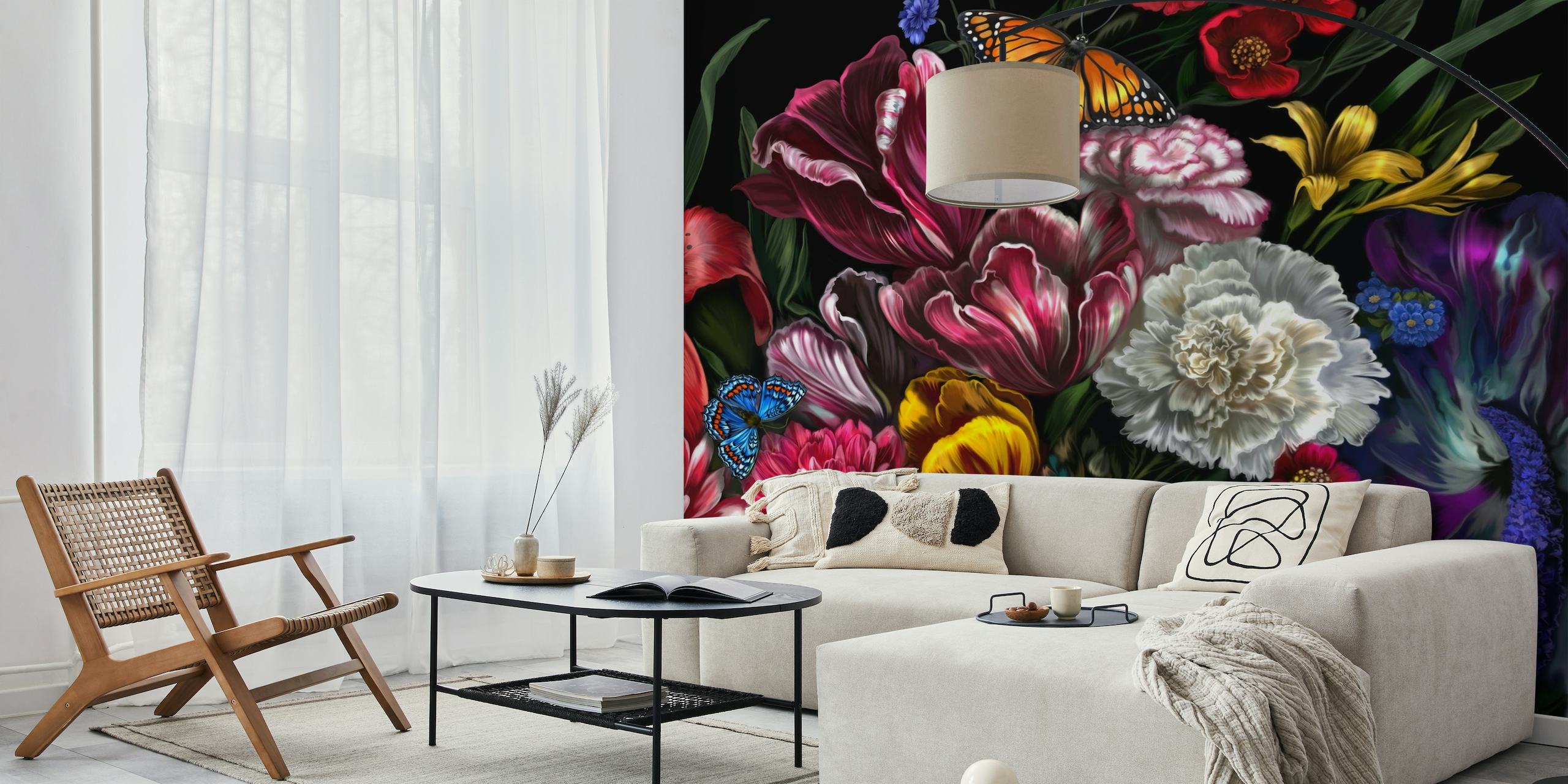 Zidna slika s bujnim tropskim cvijećem i leptirima