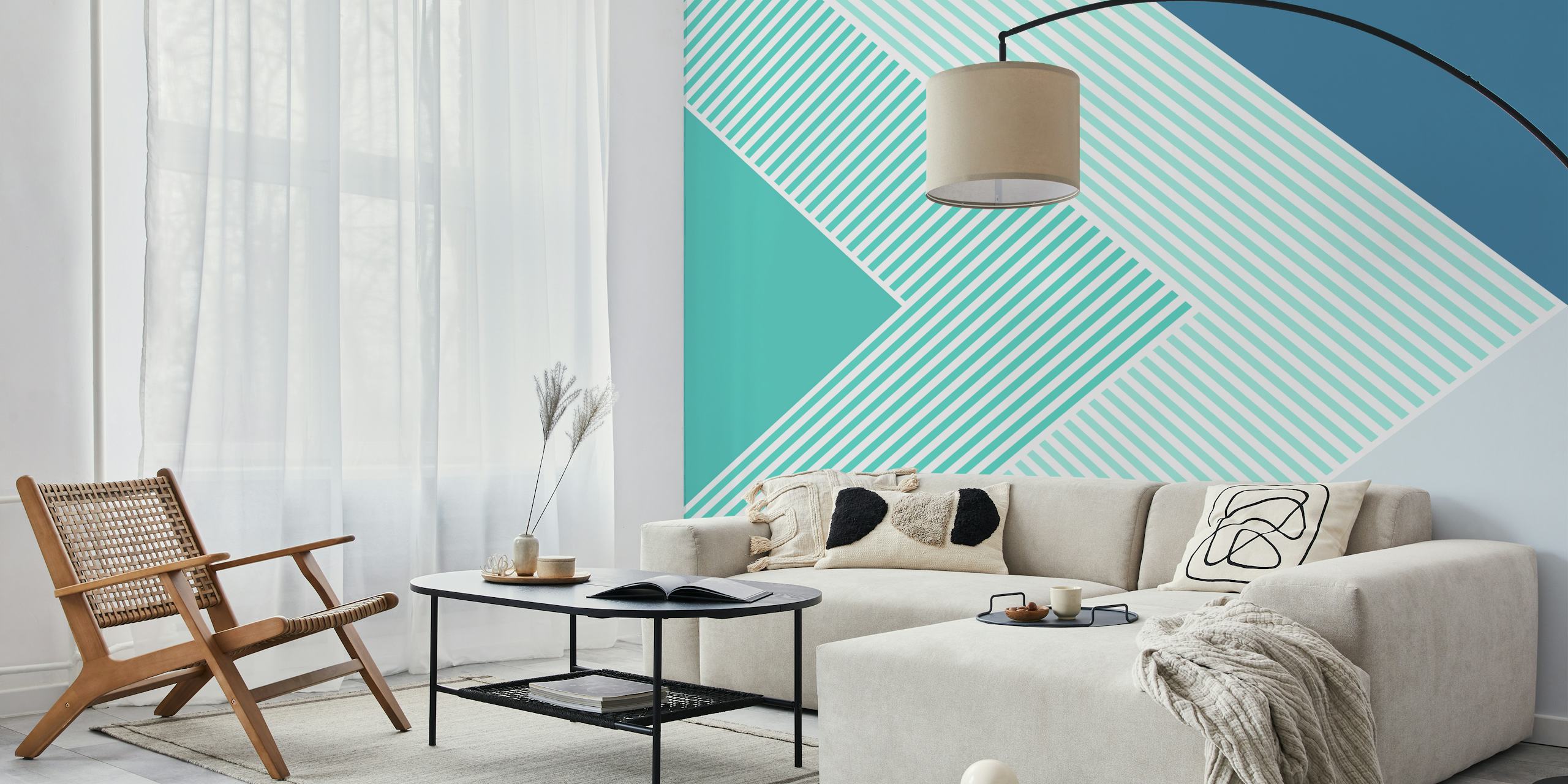 Geometric teal wallpaper with triangles and stripes in shades of blue and green