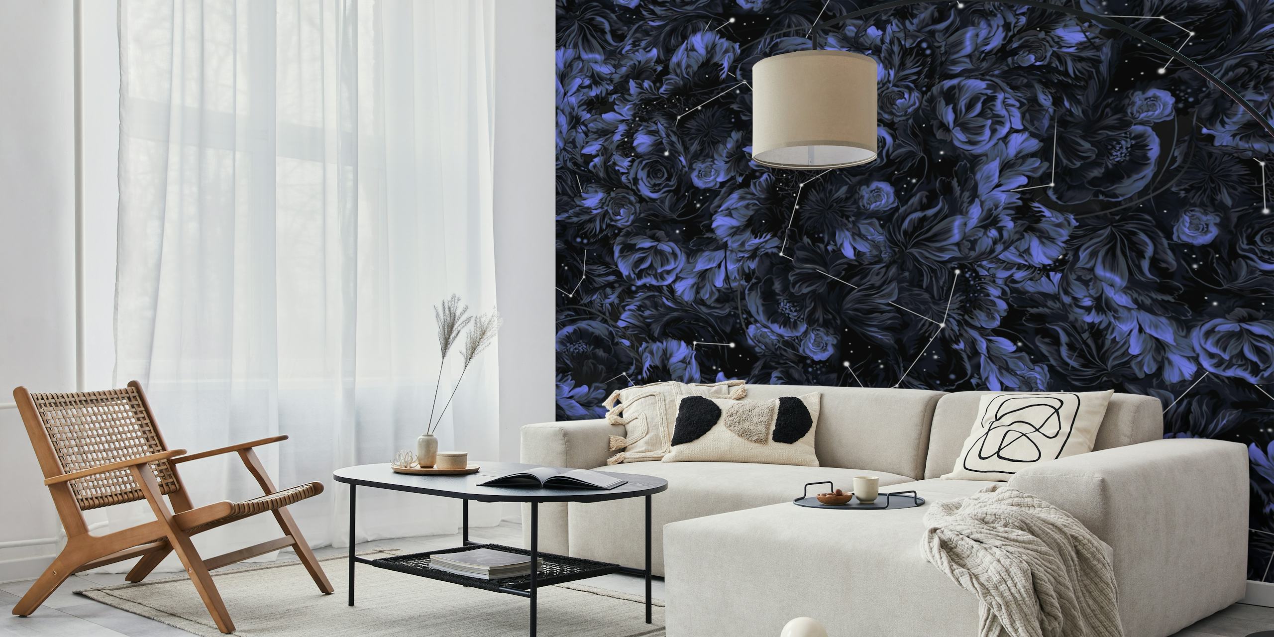 Navy and dark floral wallpaper with constellation patterns