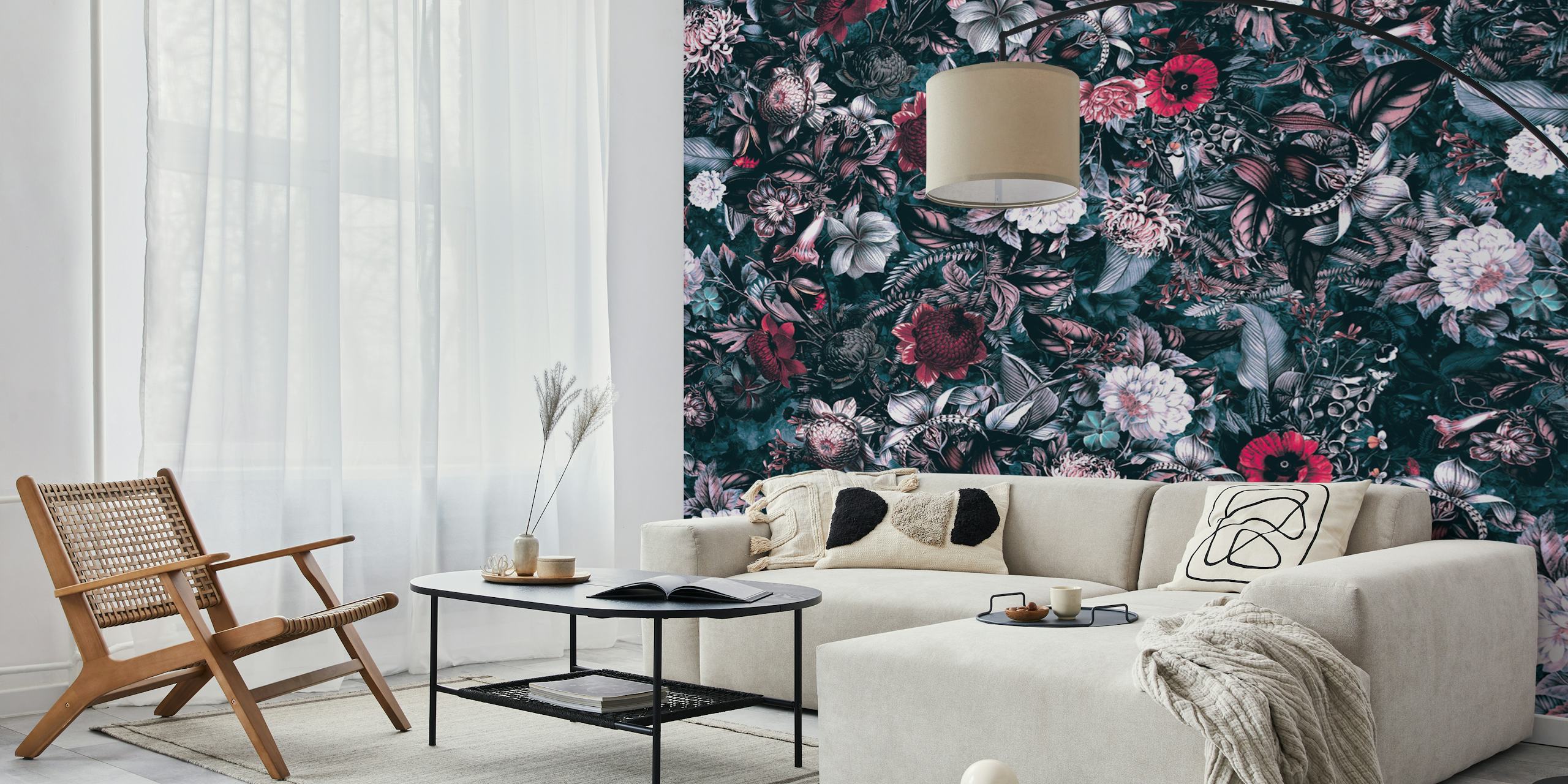 Papier peint floral foncé sur le thème du jardin nocturne maussade