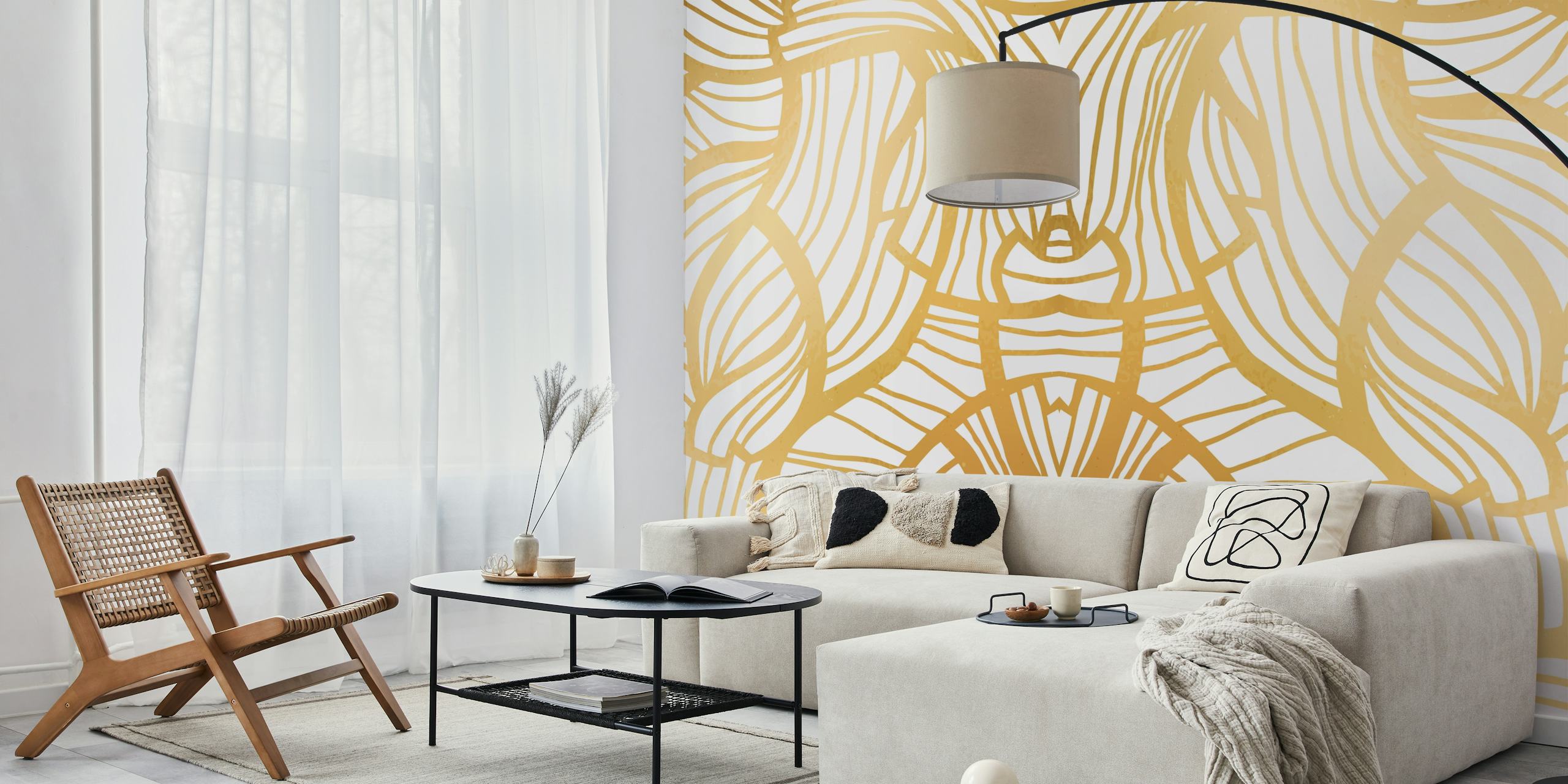 Gold floral patterns with bold line work wallpaper