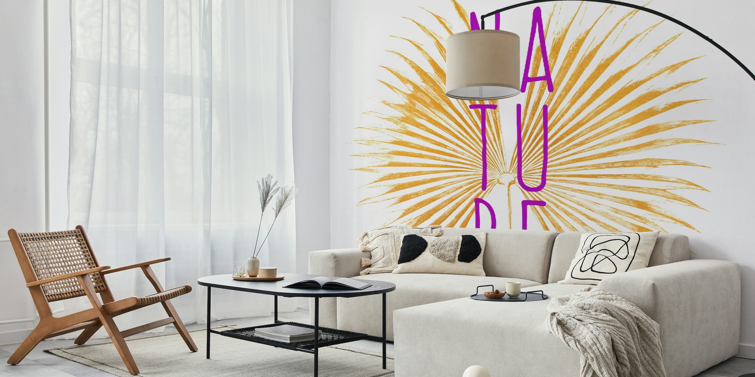 Wall mural with sunburst pattern and the word 'NATURE' in purple