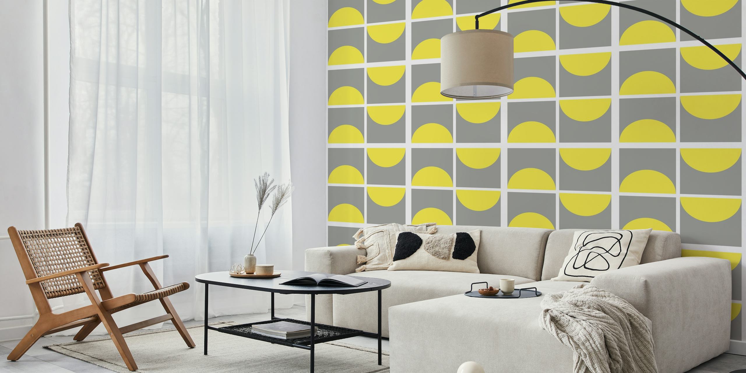 Geometric crescent patterned wall mural in two-tone color scheme