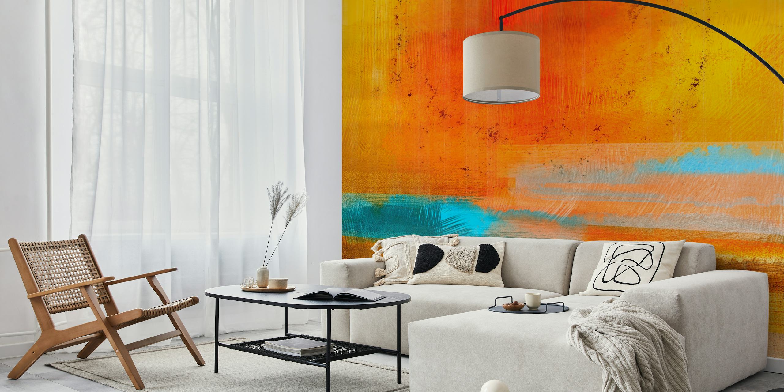 Colorful sunshine-inspired wallpaper in a room