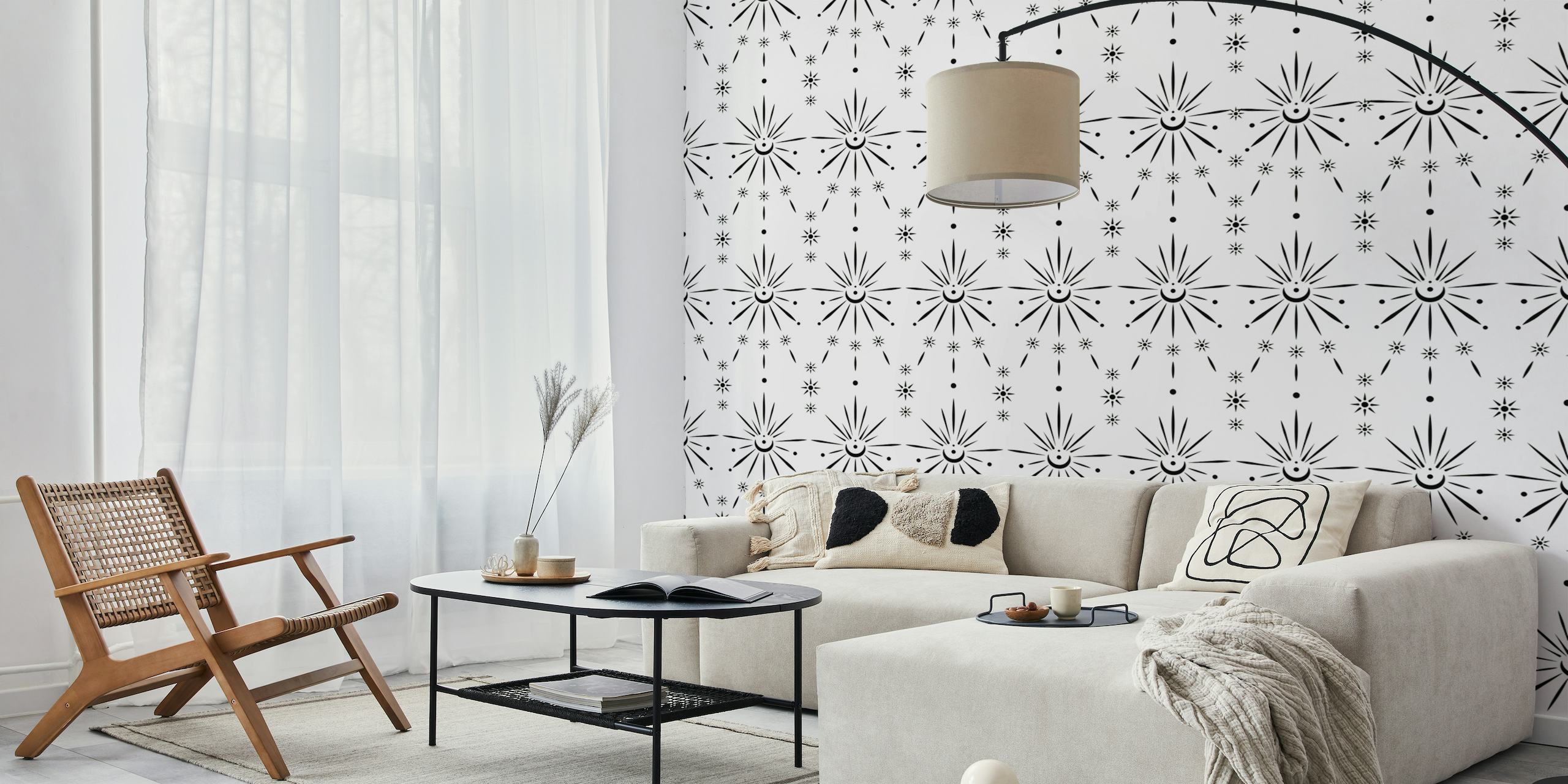 Elegante geometrische muurschildering met sterpatroon in een monochroom palet