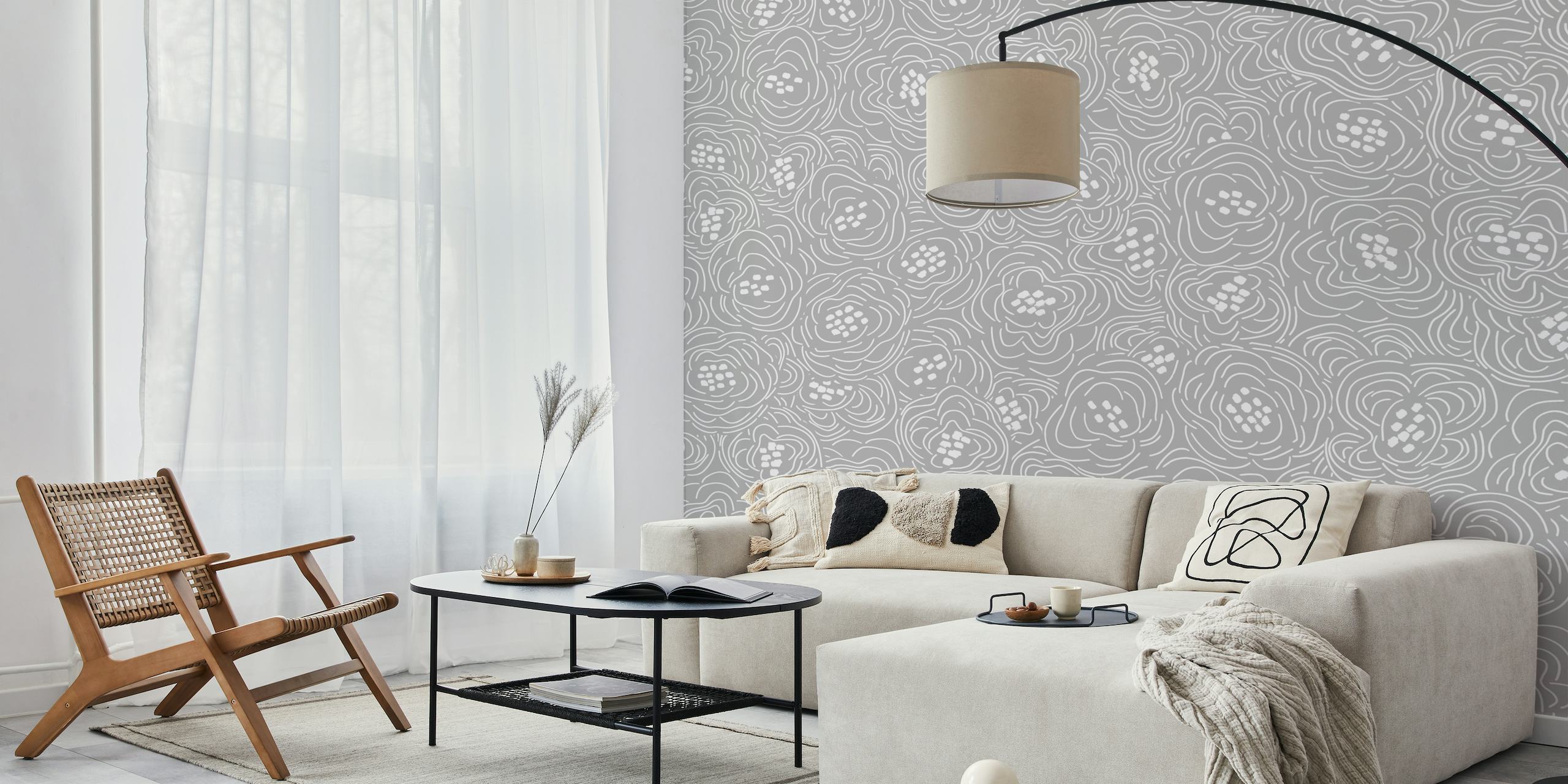 Grey wall mural with minimal poppy pattern design