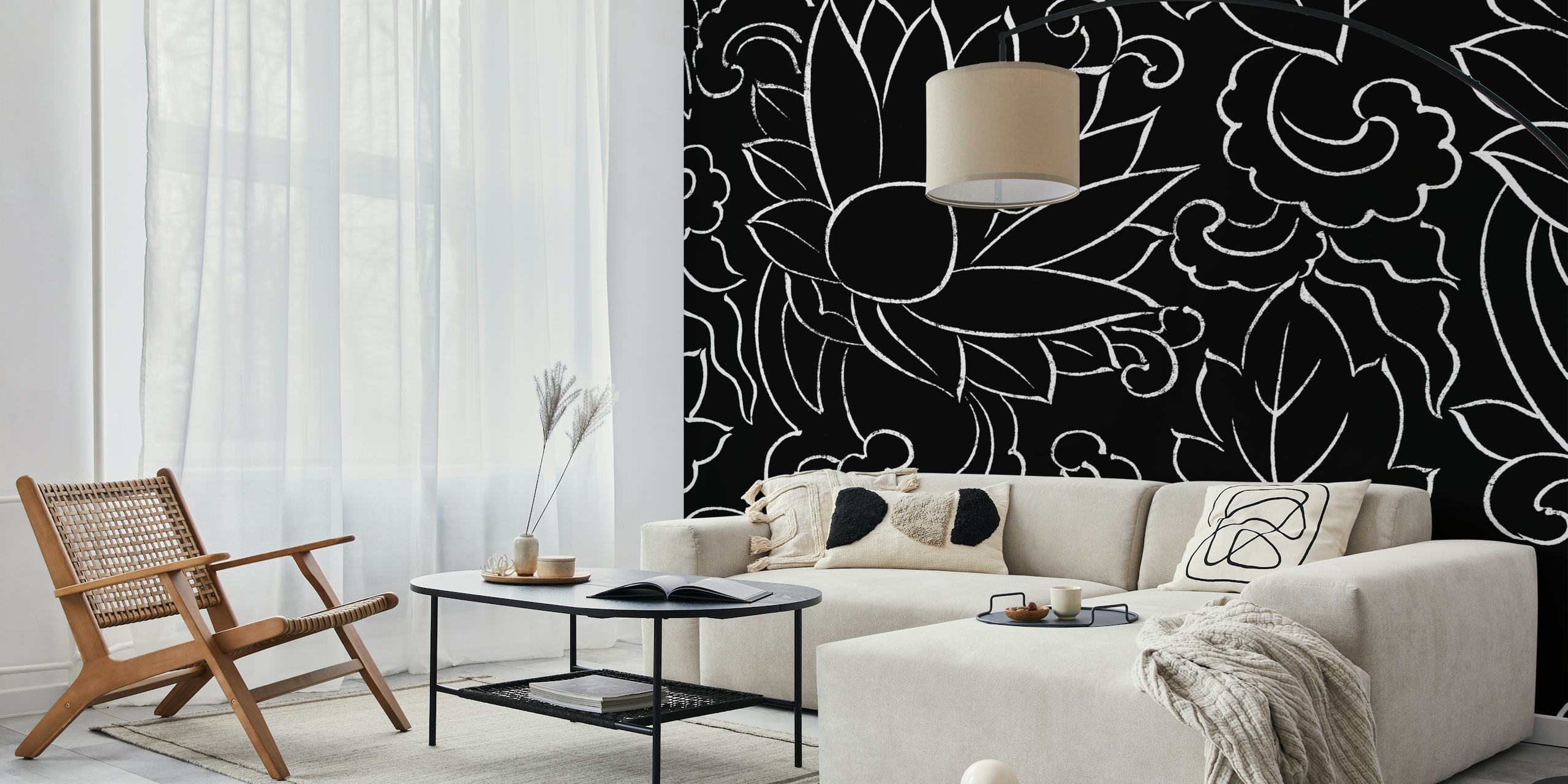 Black floral pattern featuring lotus flowers and leaves wallpaper