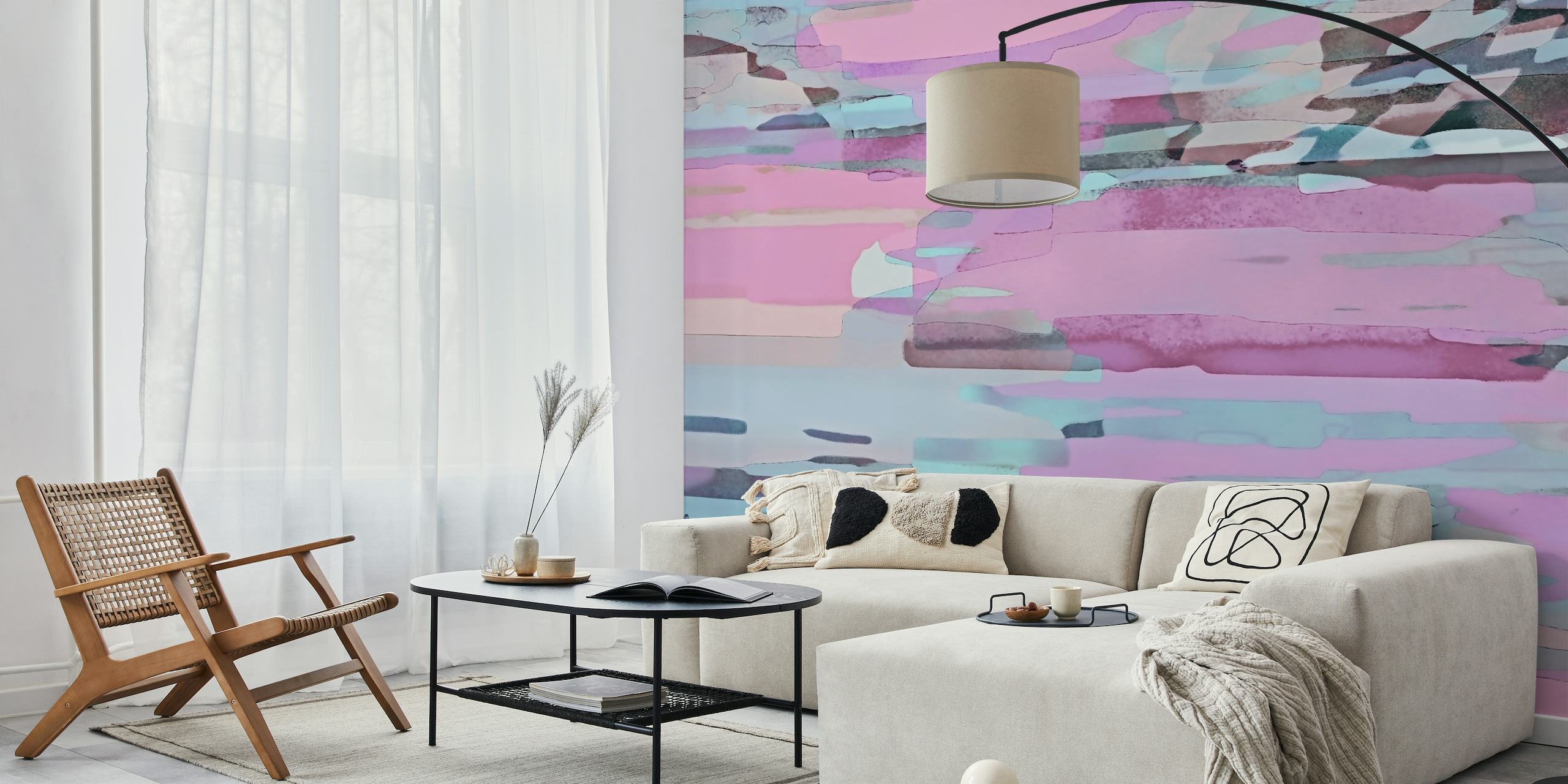 Abstract wall mural with pink, purple, and blue brush strokes