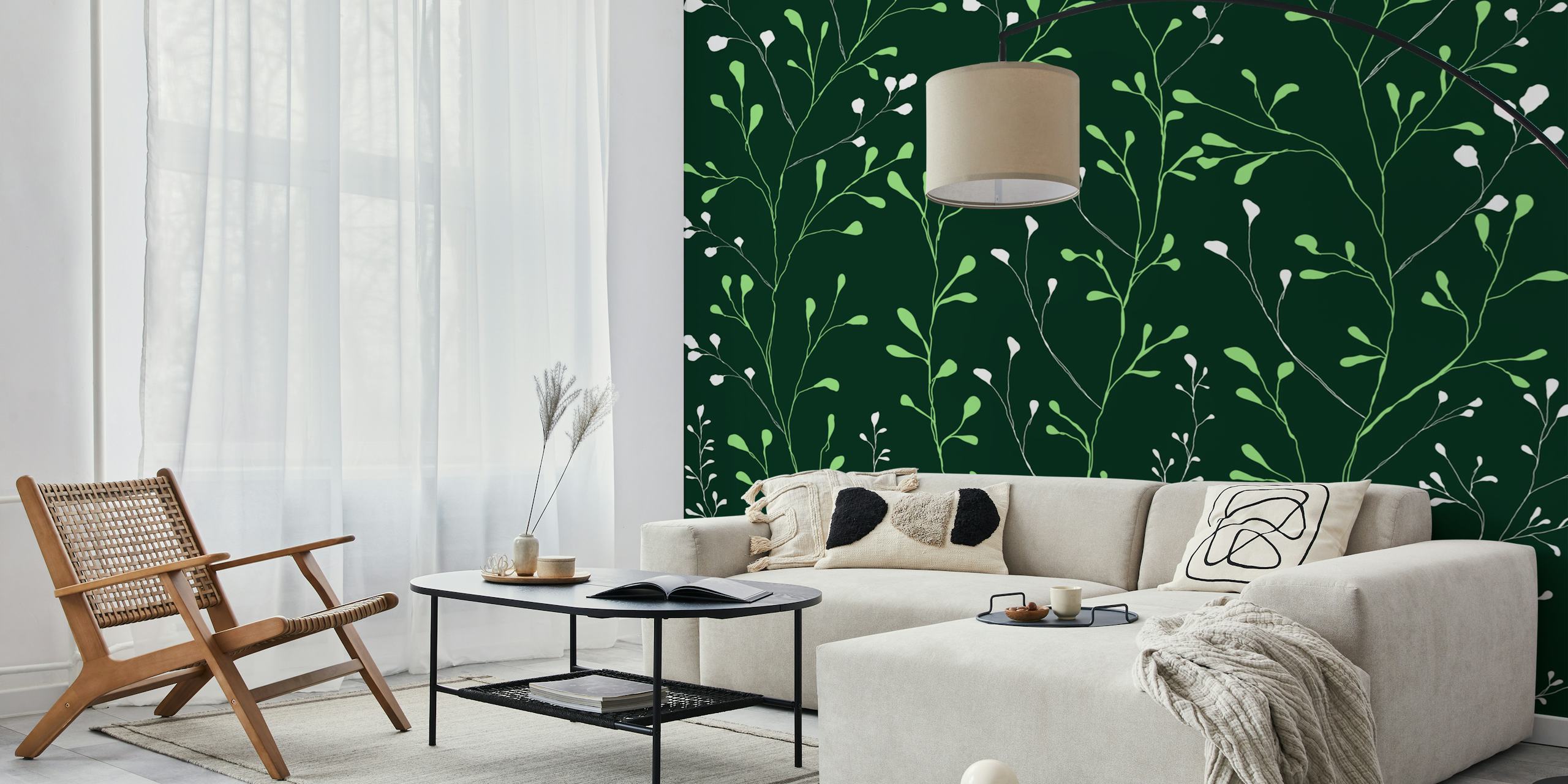 Green botanical leaves wallpaper in a room