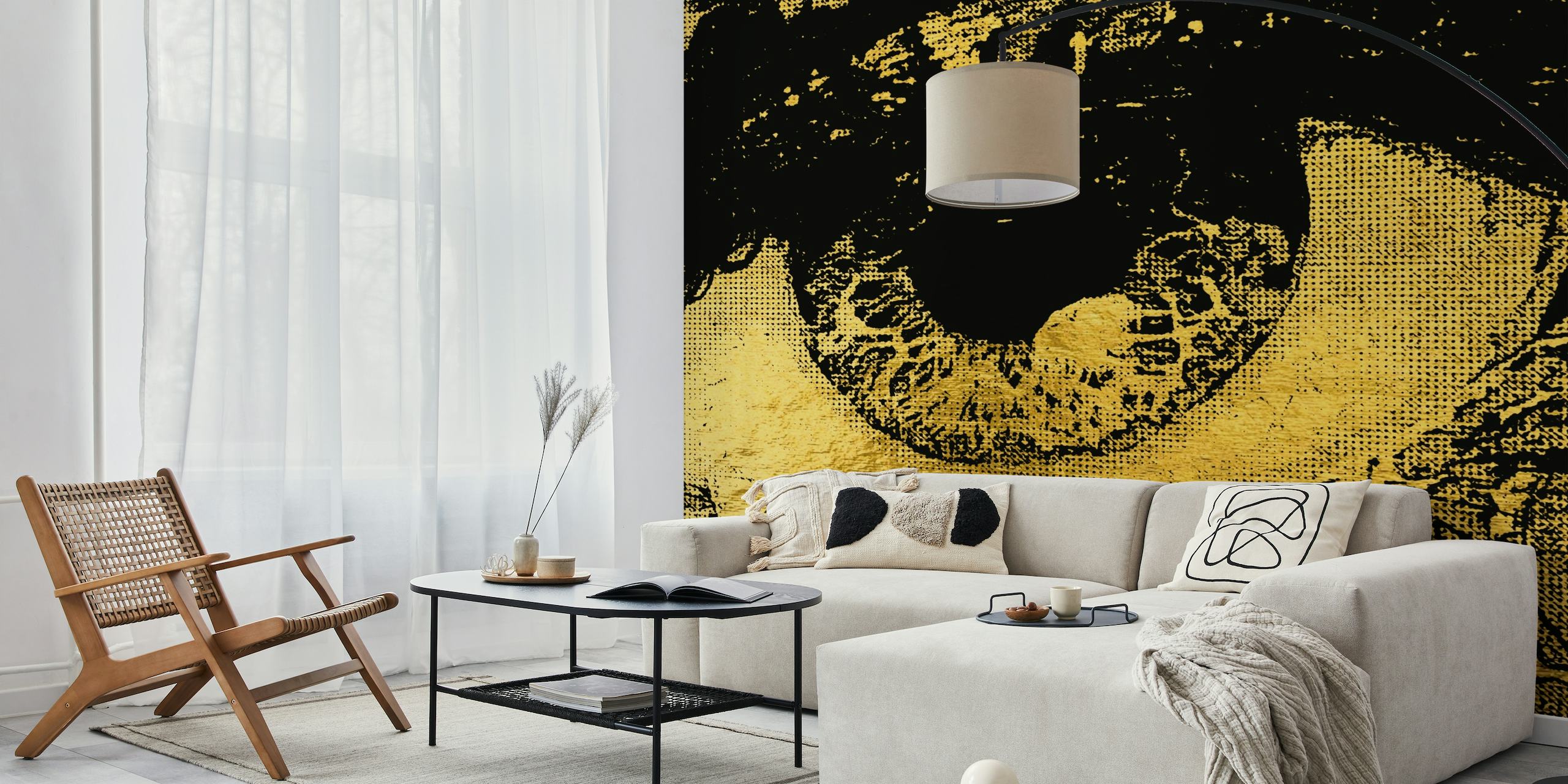 Gyldent øyeveggmaleri i pop art-stil med teksturert bakgrunn
