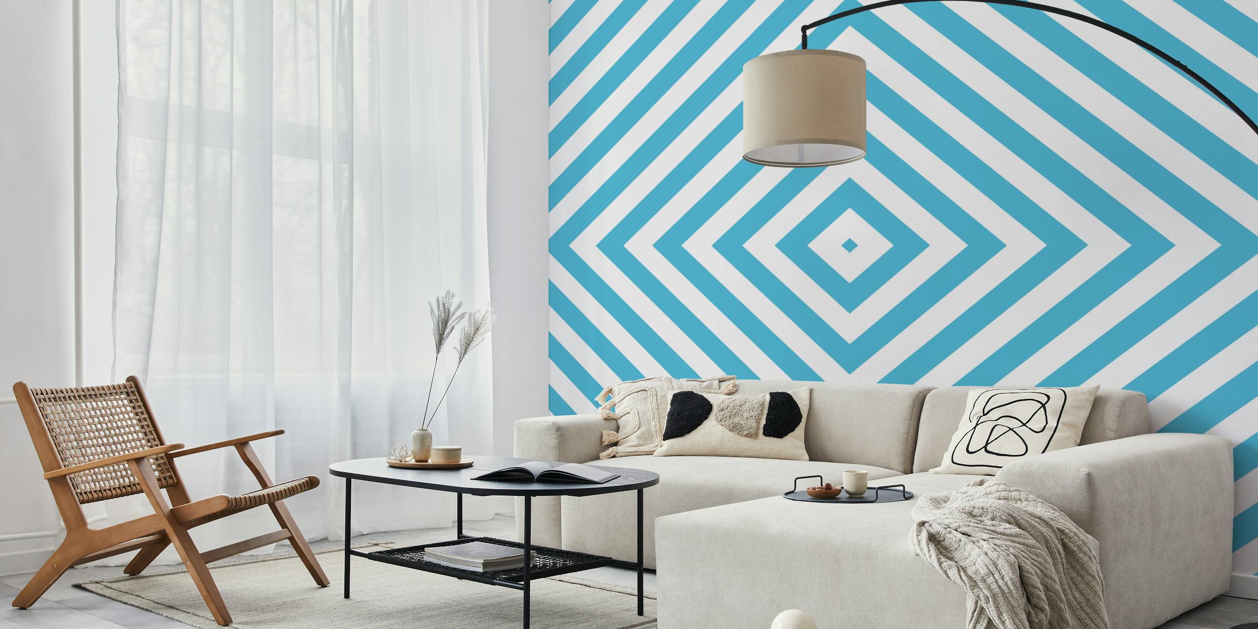 Turquoise Blue en White rombus behang in een kamer