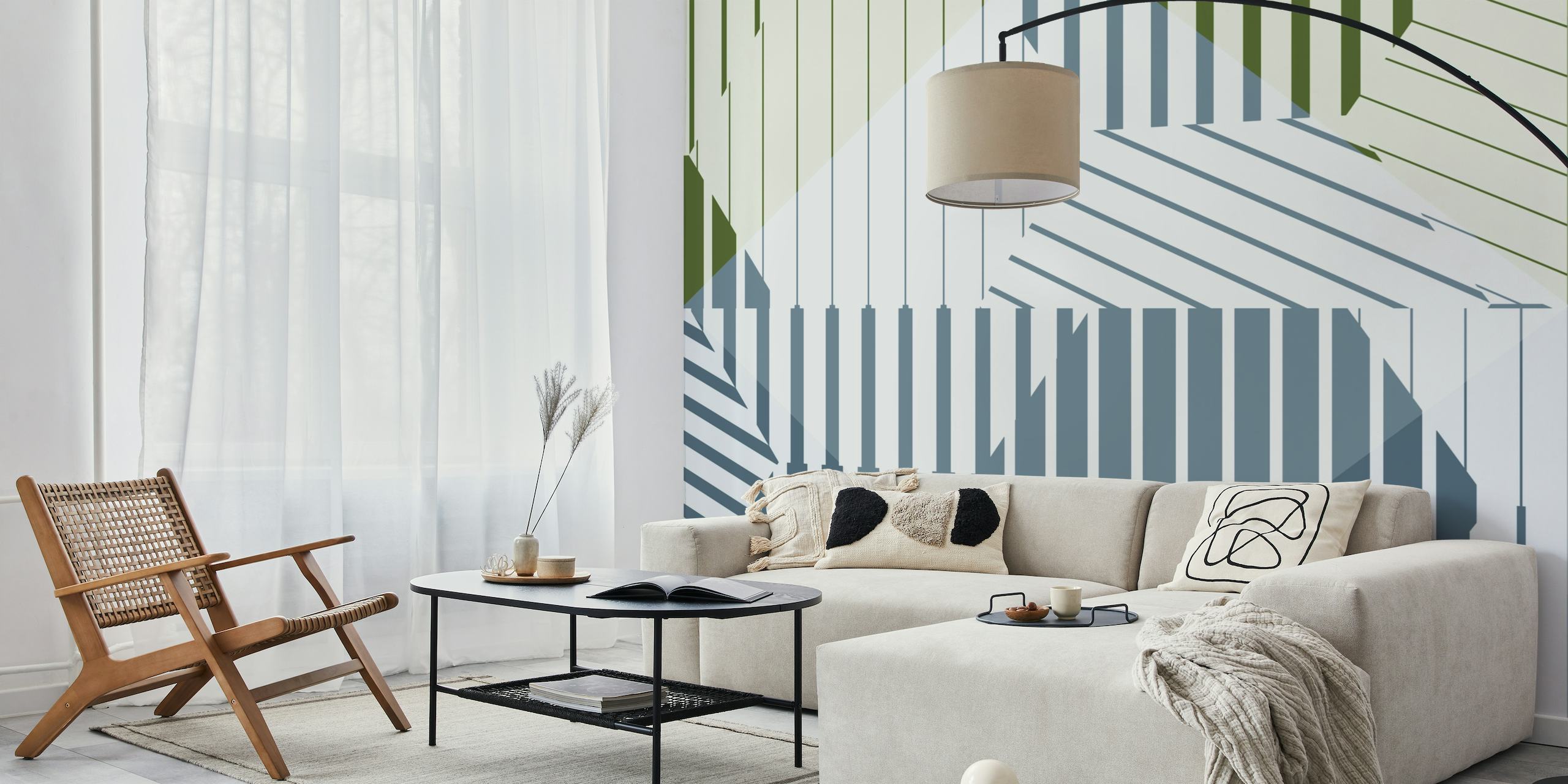 Fotomural modernista minimalista minimalista con formas geométricas azules y verdes sobre fondo blanco