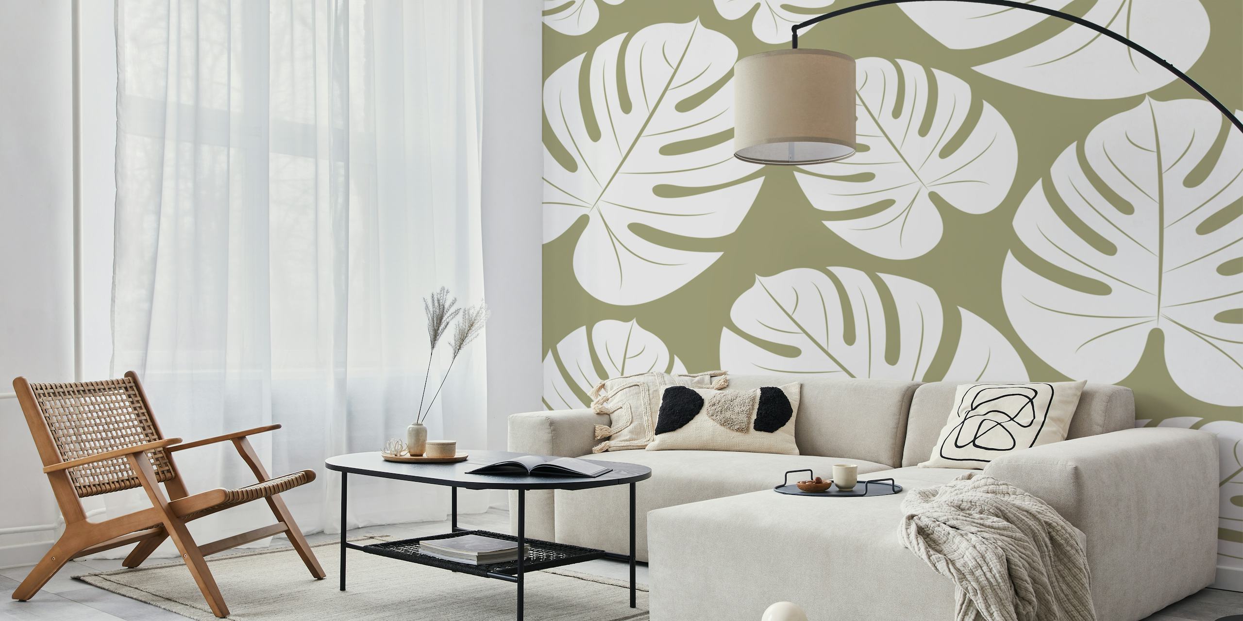 Palm leaves pattern in moss green wallpaper