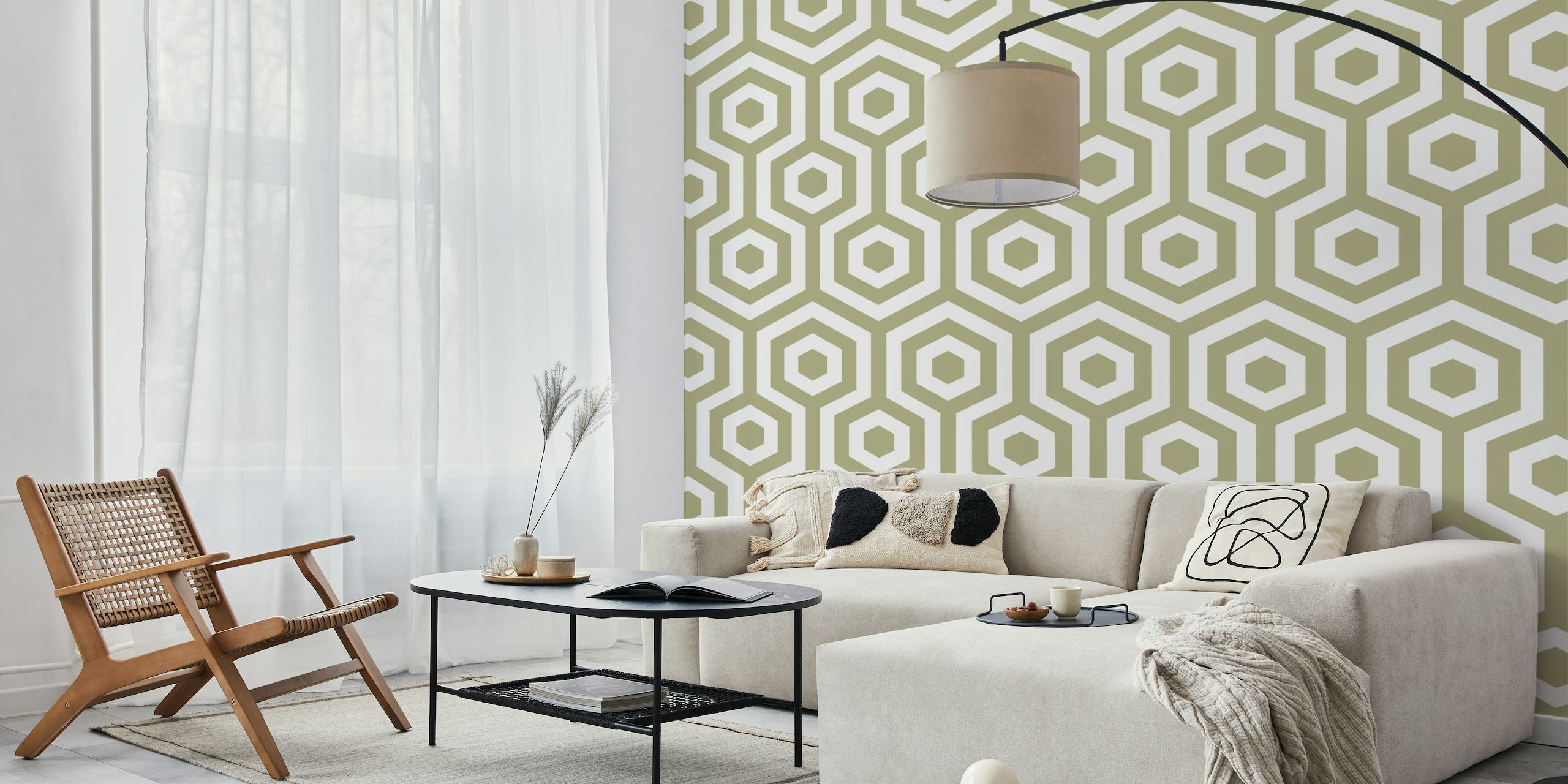 Beige and white 60s hexagon pattern wall mural