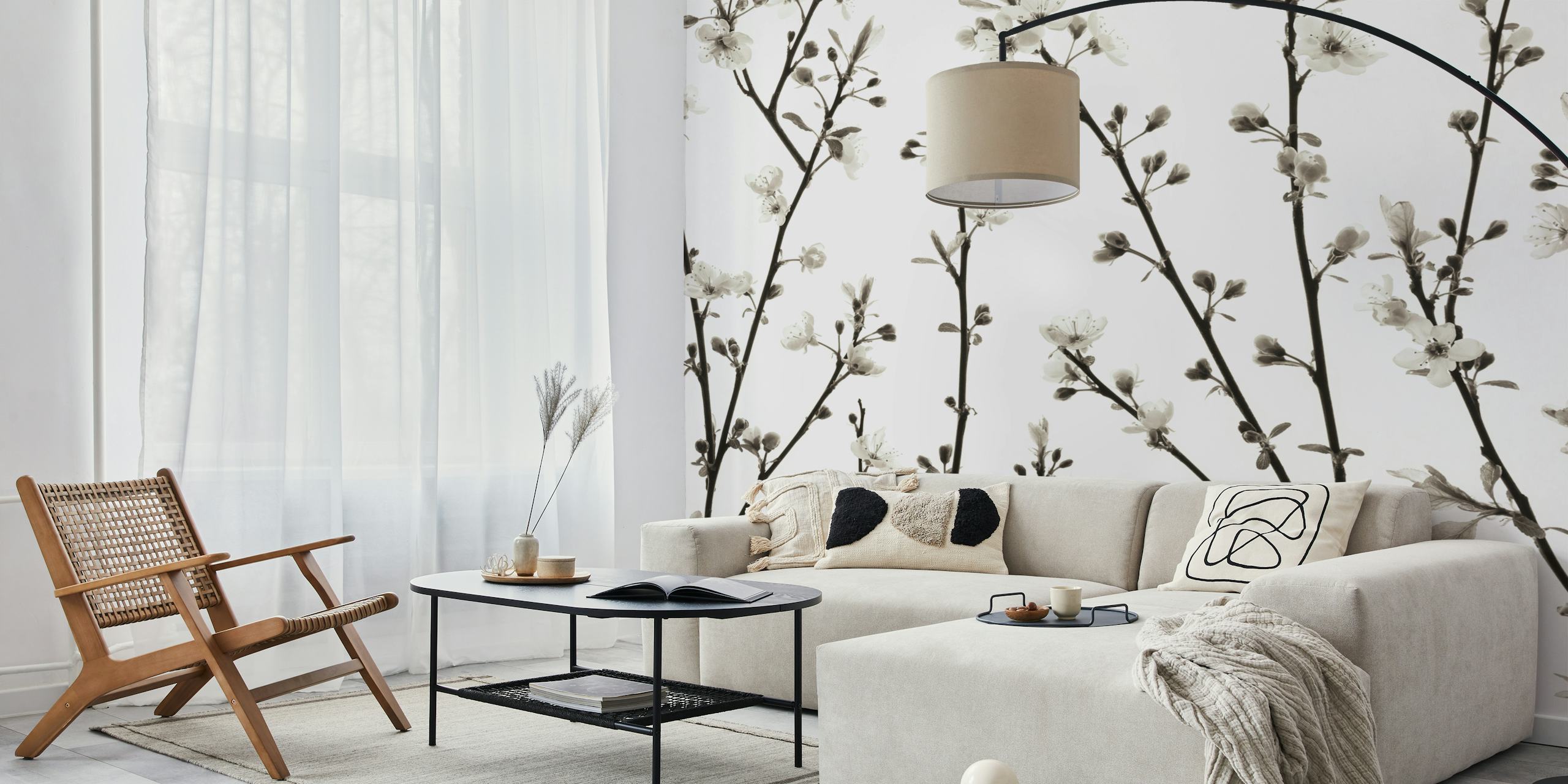 Black and white floral branches wallpaper