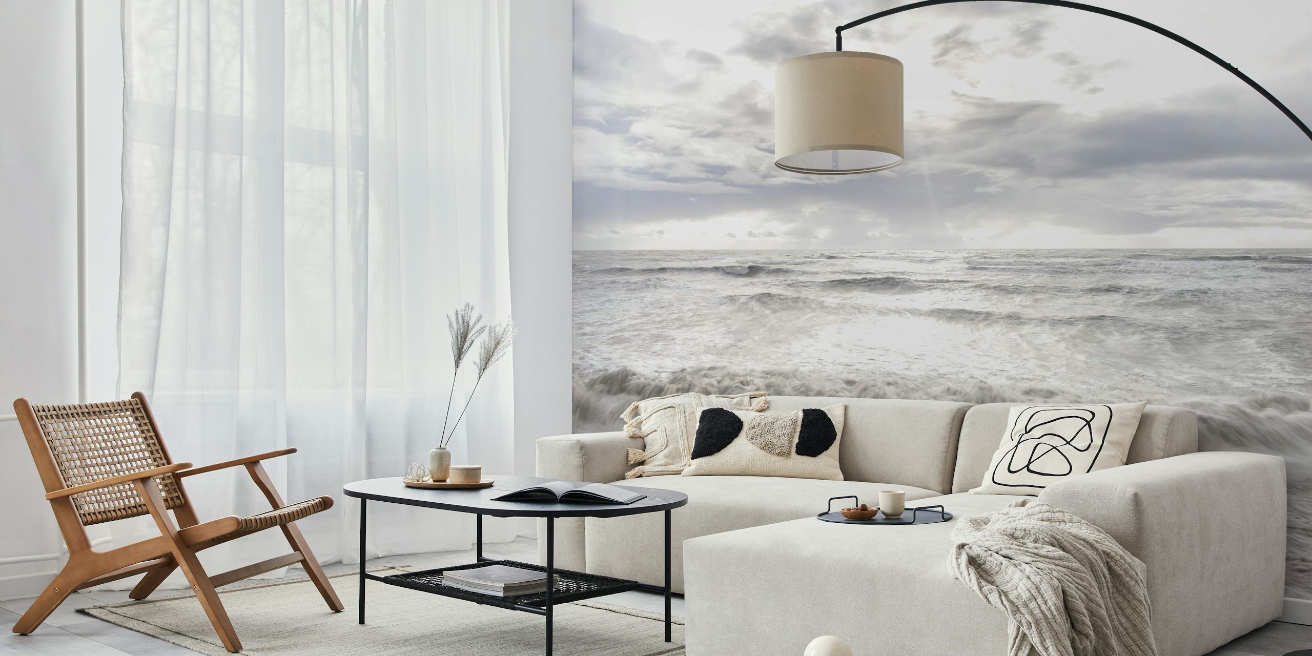 Rough waves and cloudy sky in shades of gray and blue wallpaper