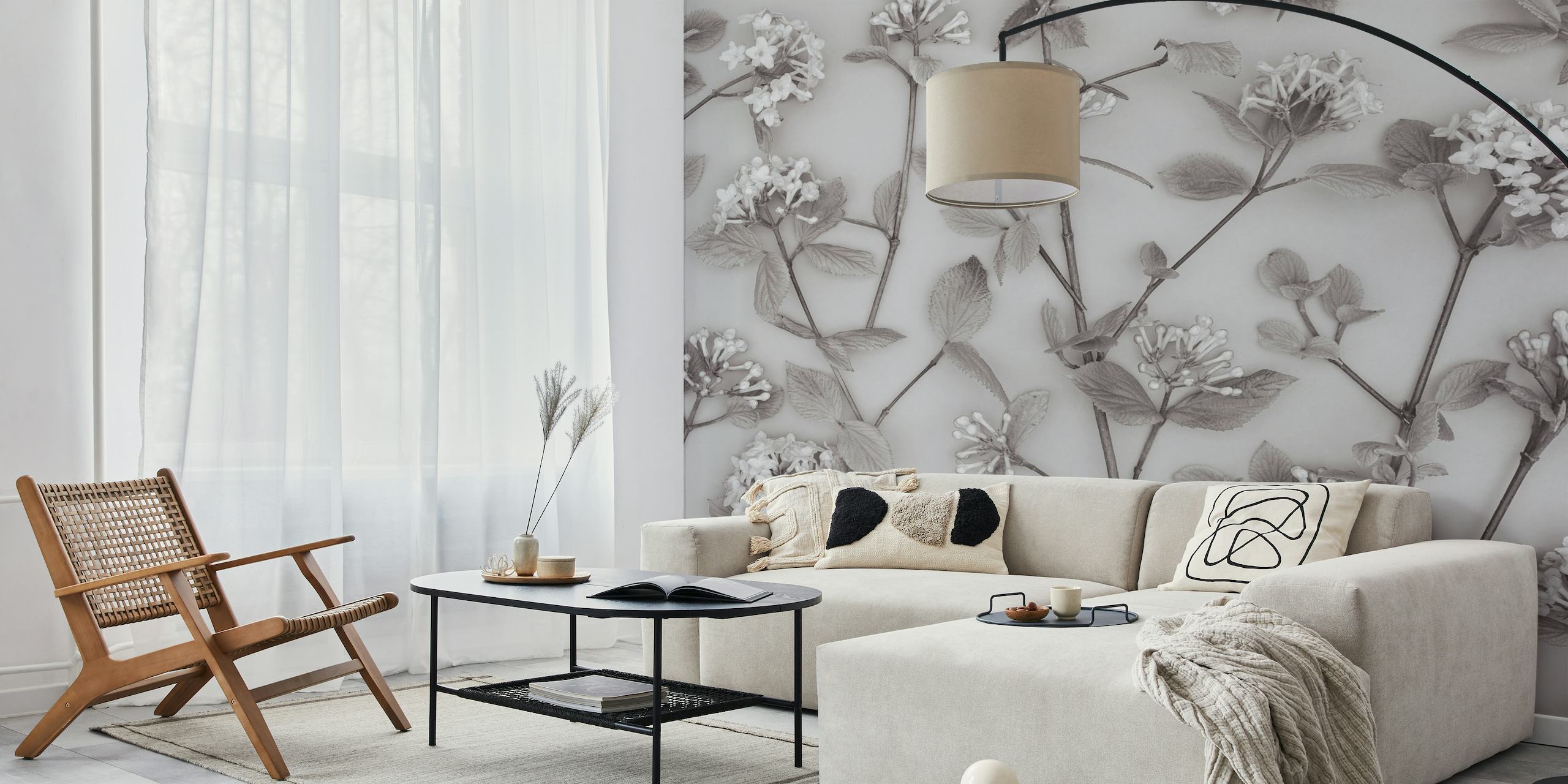 Elegante grijstinten Viburnum Juddii bloemen muurschildering