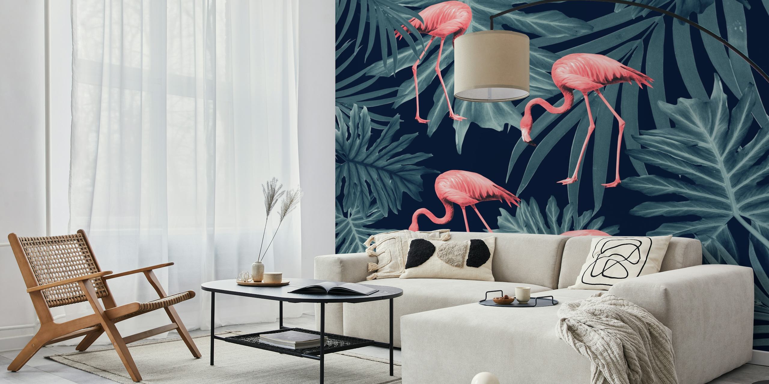 Pink flamingos among dark tropical leaves wall mural