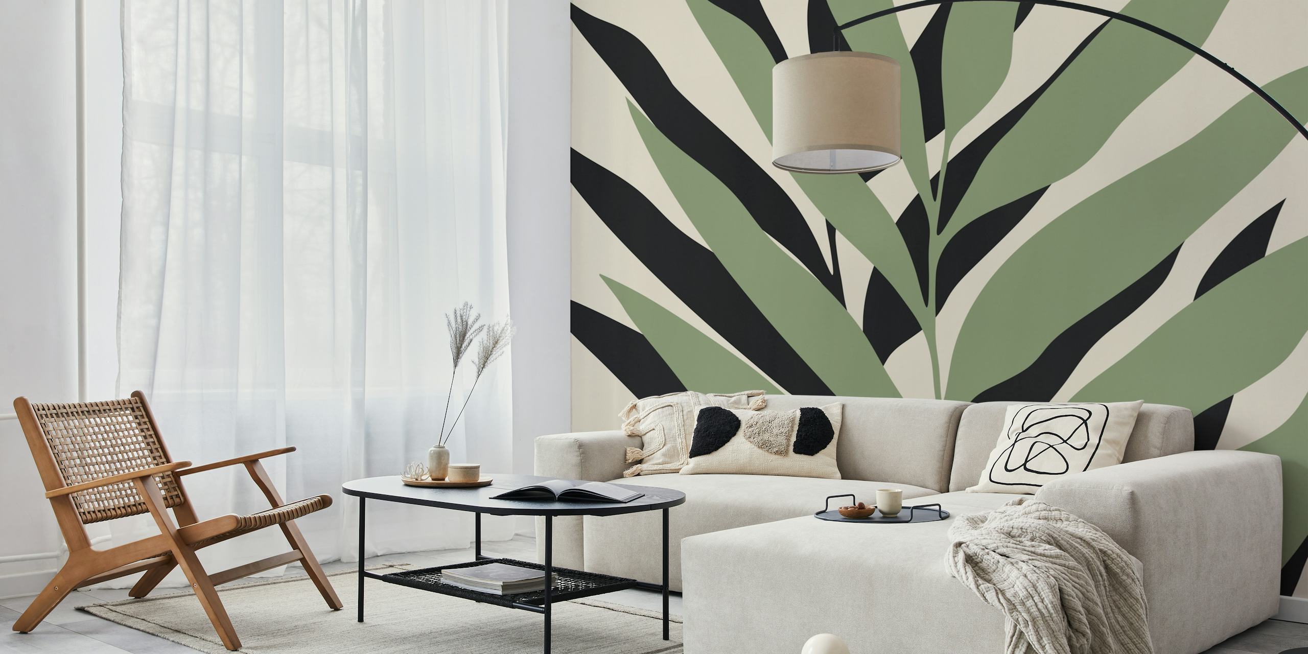 Green and black leaf pattern on cream background wallpaper