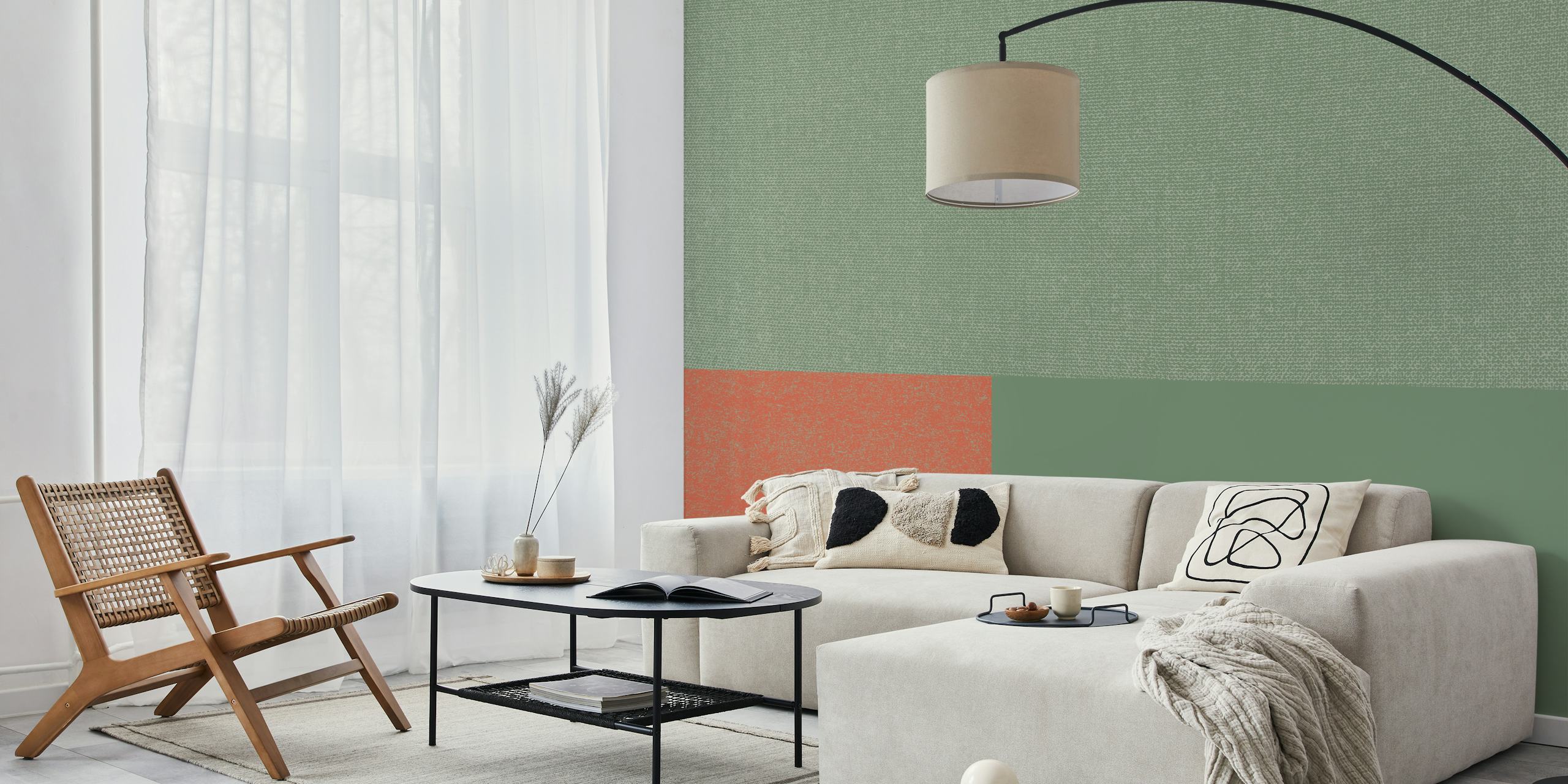 Green Fabric Minimalist wall mural with earthy green and muted coral blocks